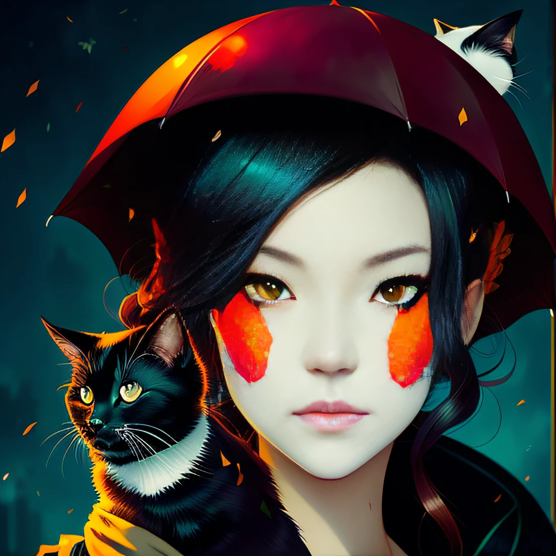 there are two pictures of a woman with an umbrella and a cat, artwork in the style of guweiz, guweiz, beautiful character painting, guweiz on artstation pixiv, guweiz on pixiv artstation, stunning anime face portrait, beautiful digital artwork, wlop rossdraws, detailed digital anime art, guweiz masterpiece