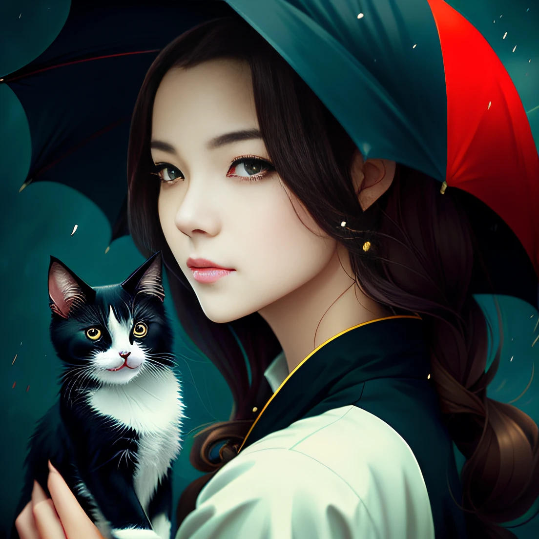 there are two pictures of a woman with an umbrella and a cat, artwork in the style of guweiz, guweiz, beautiful character painting, guweiz on artstation pixiv, guweiz on pixiv artstation, stunning anime face portrait, beautiful digital artwork, wlop rossdraws, detailed digital anime art, guweiz masterpiece