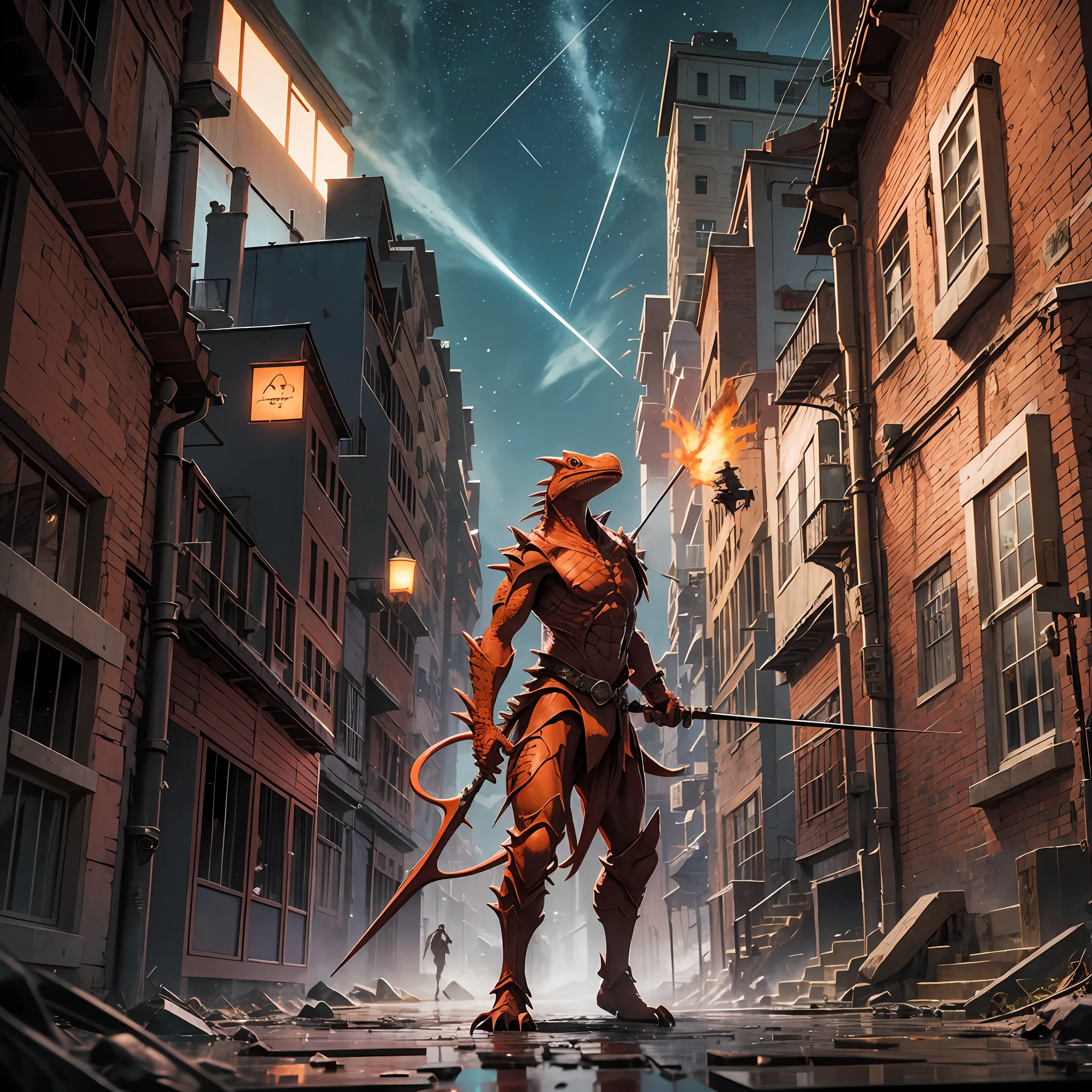 Create a reddish-colored Kobolt (humanoid lizard) RPG character, shooting with a bow and arrow, inside a medieval city at night --auto --s2