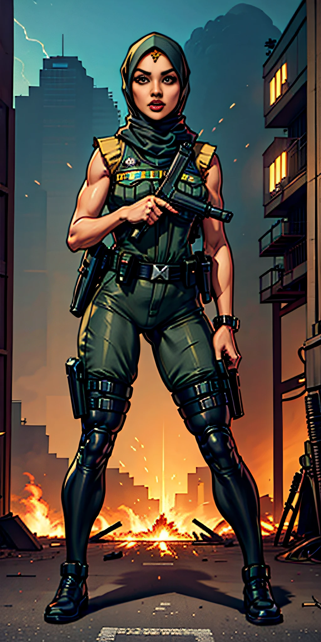 ((Stunning hijab woman) (wearing clothes) ready to fight the oppression), ((armed policemen and military men) background and fire explosions everything)