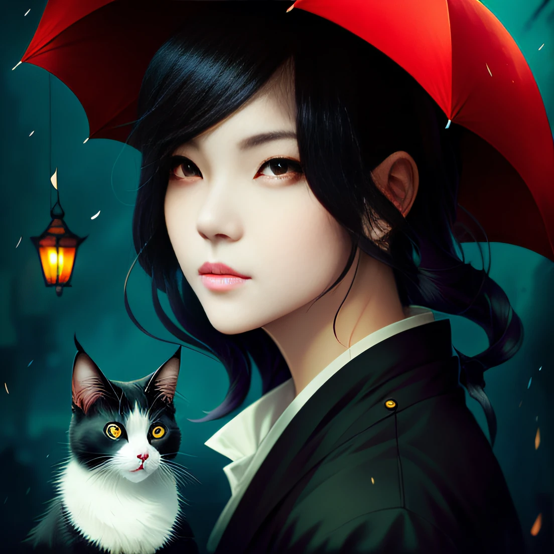 there are two pictures of a woman with an umbrella and a cat, artwork in the style of guweiz, guweiz, beautiful character painting, guweiz on artstation pixiv, guweiz on pixiv artstation, stunning anime face portrait, beautiful digital artwork, wlop rossdraws, detailed digital anime art, guweiz masterpiece