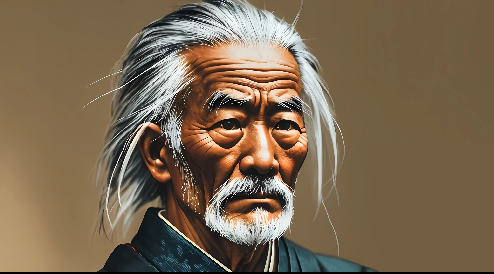 Old japanese man, warrior samurai, graying hair, japanese edo period, recovered photograph, (film grain:1.2), (disposable film:1.2), bad lighting, dim, --auto --s2