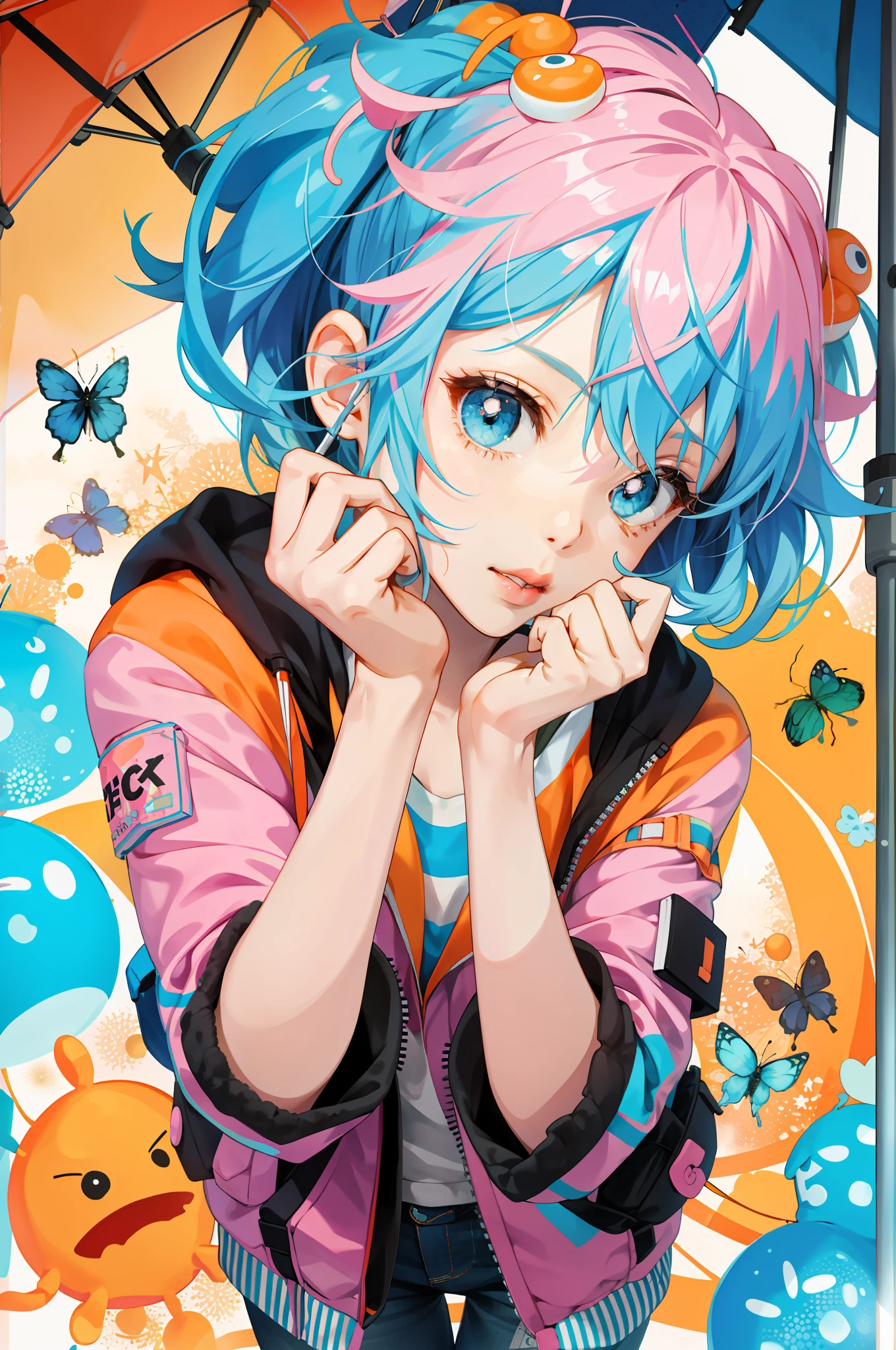 Kick up poses:1.5, Girl, solo, short_pink_and_baby_blue_hair, cute lips and bug eyes, decora kei outfit, [[[mittens]]], hands covered in orange slime, and carrying an umbrella:1)