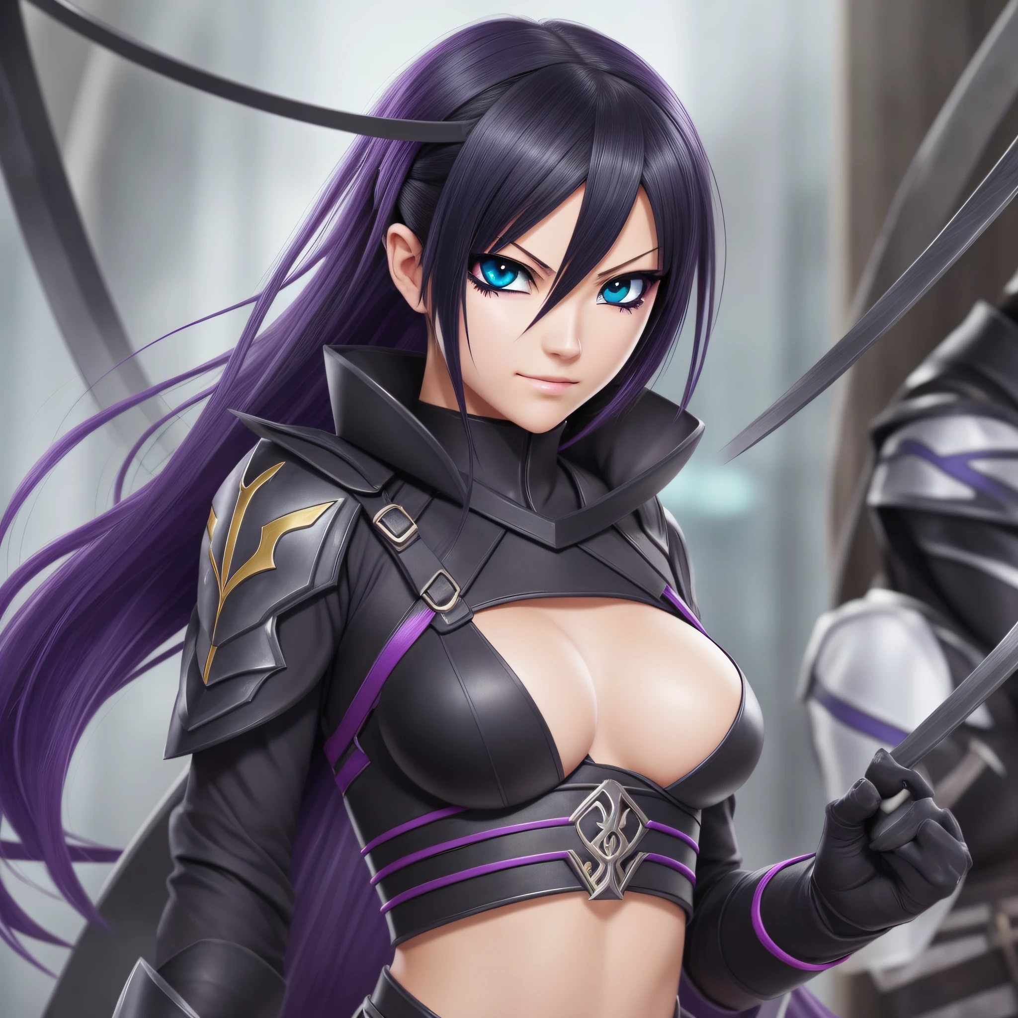a female shinobu ninja with green eyes and another female shinobi: blue eyes: looking straight at me: black hair: like it was a real picture