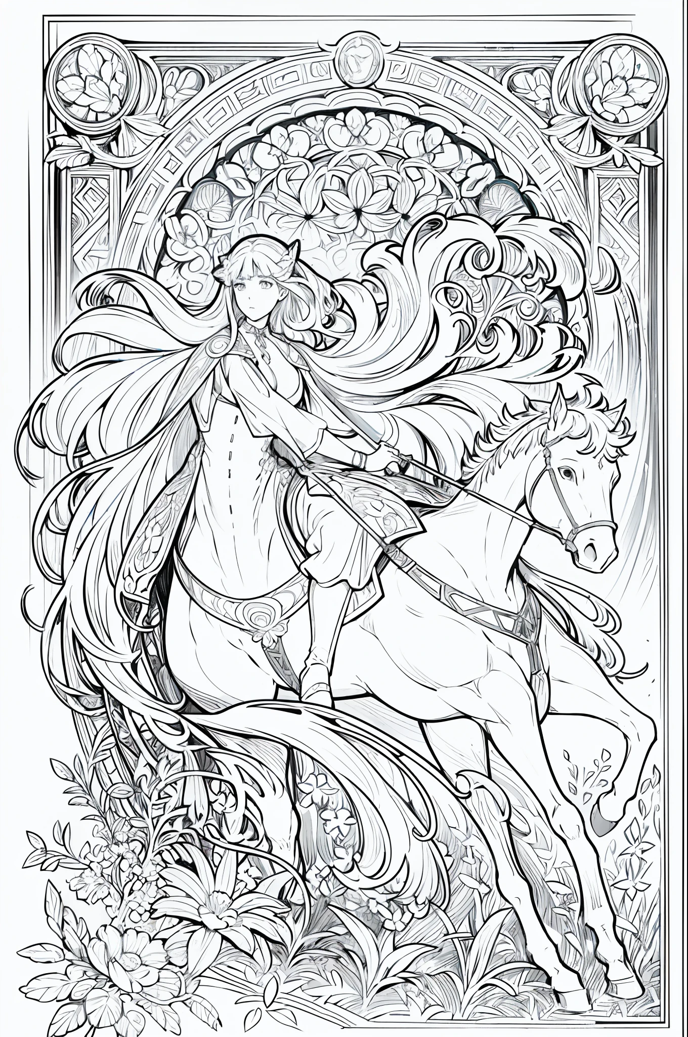 Portrait of horses running through the pasture, floral frame, decorative panel, abstract
Art by Alphonse Mucha, sketch, character lines and scenes without colors and shadows.
(Masterpiece, best quality, Highres: 1.4), detailed, intricate details, 4K, color splashes, line art, fibonacci,