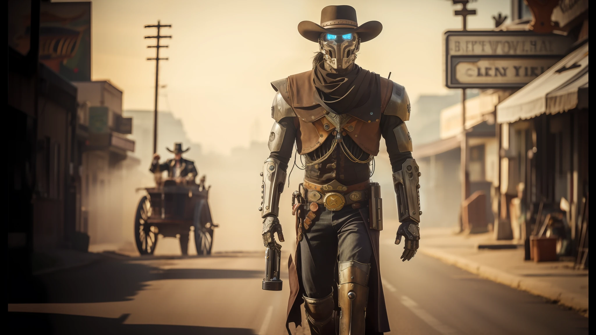 there is a man in a cowboy outfit walking down the street, movie still of a villain cyborg, 500px photos, full - body artwork, steam necropolis, realistic shaded robotic parts, high noon, biped, awarded winning photo, astral clockwork, style of nekroxiii, outlaw