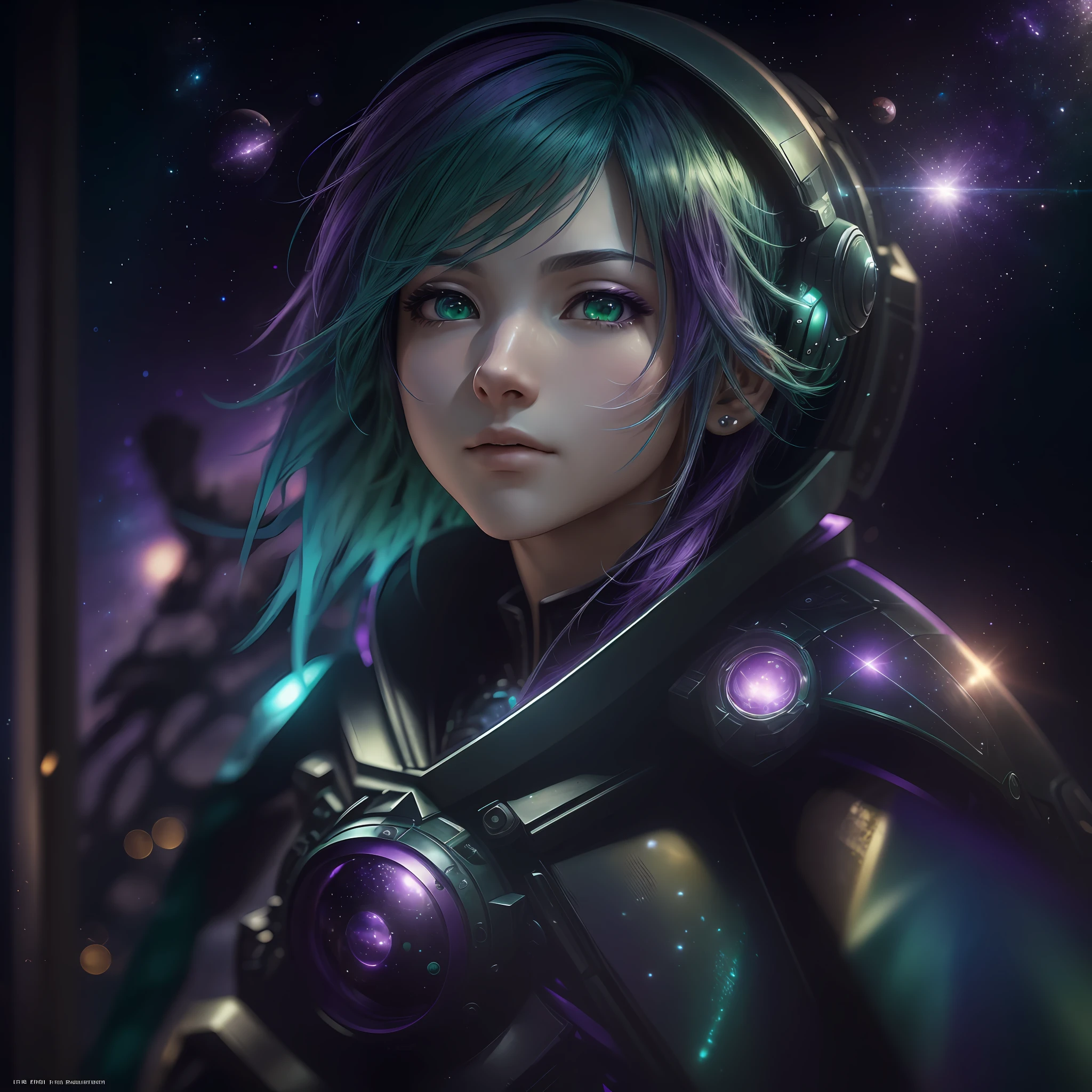 final fantasy, ((man)), (realistic photography), (masterpiece: 1.5), art station, ultra realistic CG, man, ((green and purple hair in the wind)), space suit, cosmic space background, inside a spaceship, reflective lights, ray tracing, ultra detailed symbols on the walls, stained glass, caravaggio lights, caravaggio shadows, bright and realistic skin, (eye focus), HDR, 4k cinema, 1920x1080 --auto --s2