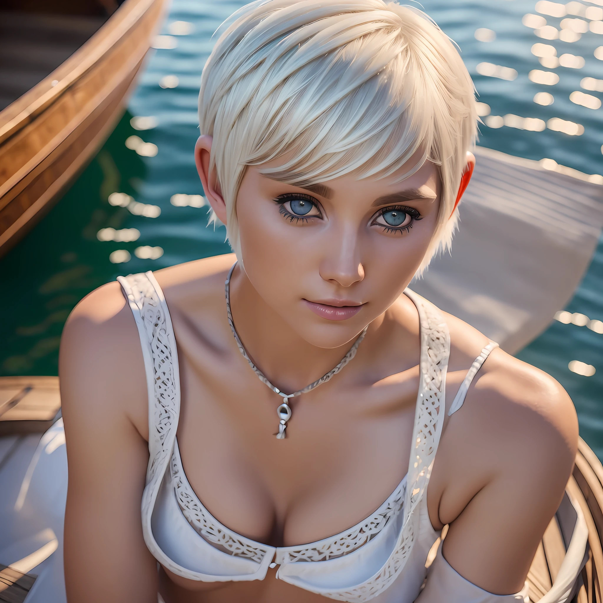 (((sfw))), beautiful white swedish blonde woman a  woman in traditional fishing clothes on a wooden boat, 25 years old, platinum hair, short hair, (((pixie cut))), devil smile, azure eyes, big ass, sexy abs, (masterpiece:1.2) (photorealistic:1.2) (bokeh) (best quality) (intricate details) (8k) (high poly) (ray tracing) (cinematic lighting) (sharp focus) (detailed face) (detailed pupils)