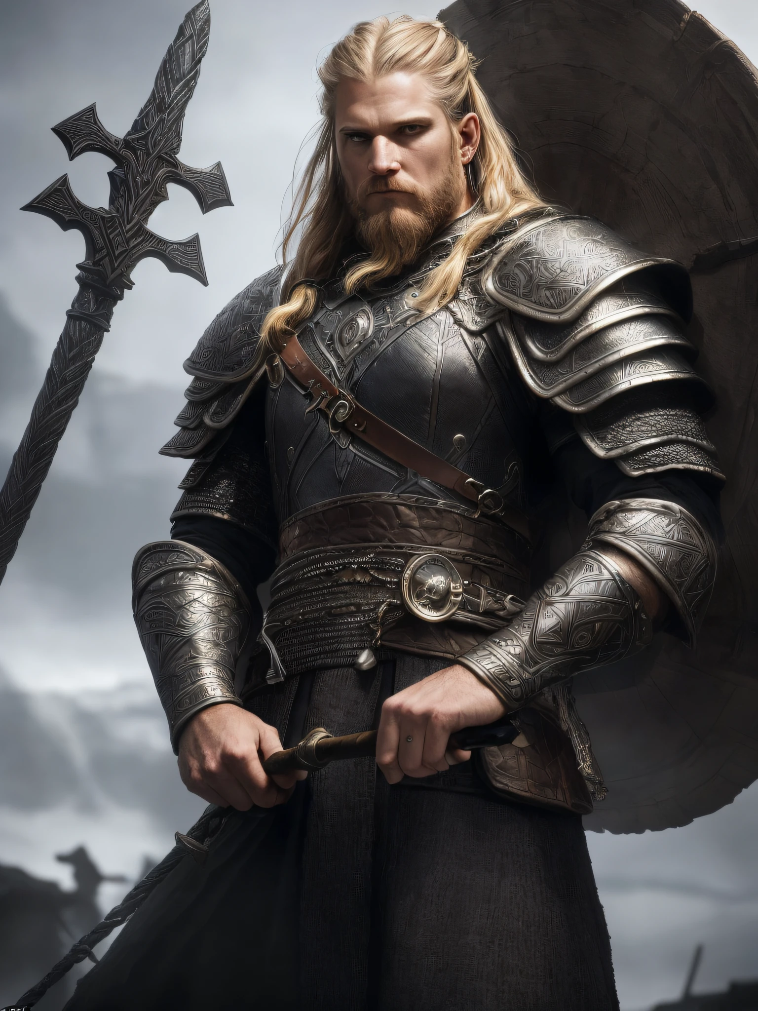 (High quality: 1.3), cinematic shot, masterpiece, (sharp focus: 1.5), (photorealistic: 1.3), medium portrait of (a strong-looking, proud and  Viking warrior, now the leader of his village, dressed in elaborately detailed chain mail and leather armor, some torches burn on the walls, giving the scene a somber atmosphere, but carving the shapes in crisp chiaroscuro),  is night, (highly detailed skin), (detailed face), detailed background, dark lighting, twilight lighting, volumetric lighting, complex details, UHD,