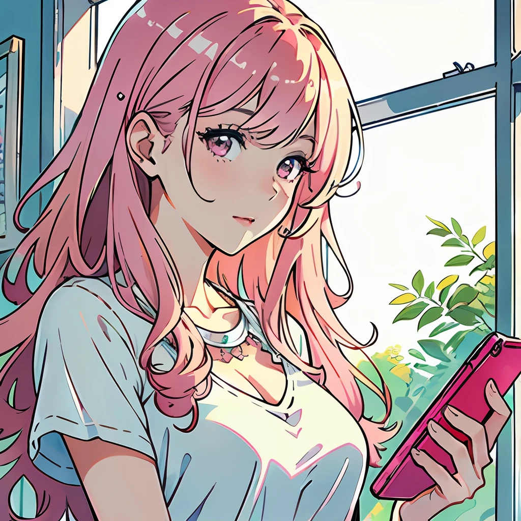 ((Masterpiece)),((Best Quality))),((Ultra Detailed)),((Illustration)),Upper Body View,1 mature girl, long pink curly hair, at home, holding a cell phone in hand