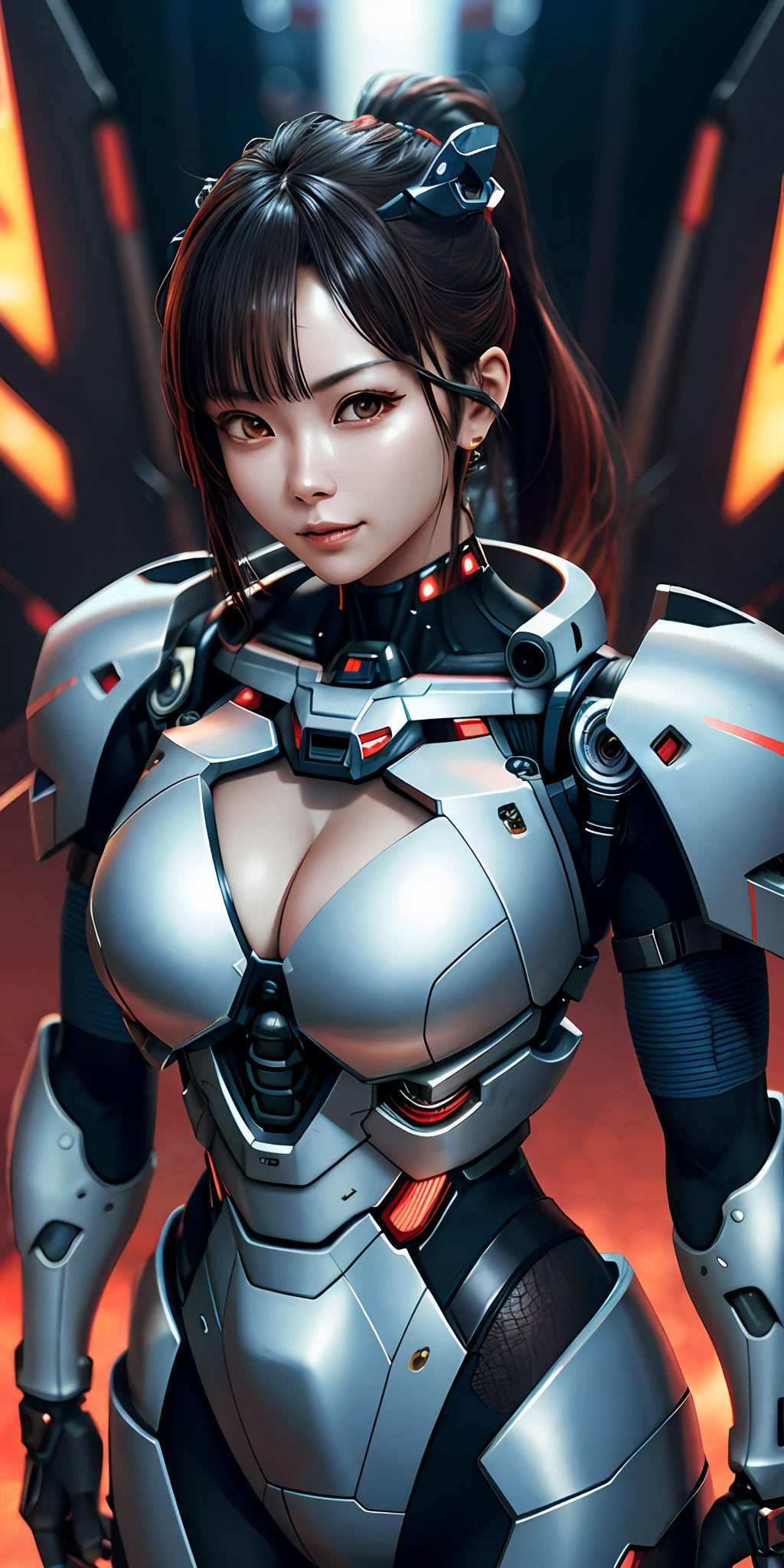 Close up portrait of Japan woman posing in metal suit, SFM rendered biomechanical, cyberpunk, mecha cyber armor girl, cleavage exposed skin, details are Gundam, detailed neon, fine tubes, metal cylinders, 8K high quality detail art metallic armor, fine and dense armor, realistic shading perfect bodyPerfect Body, Photorealistic Perfection Body, Highly Detailed ArtGerm, 3D Rendering Character Art 8K, Ultra Detailed Rendering