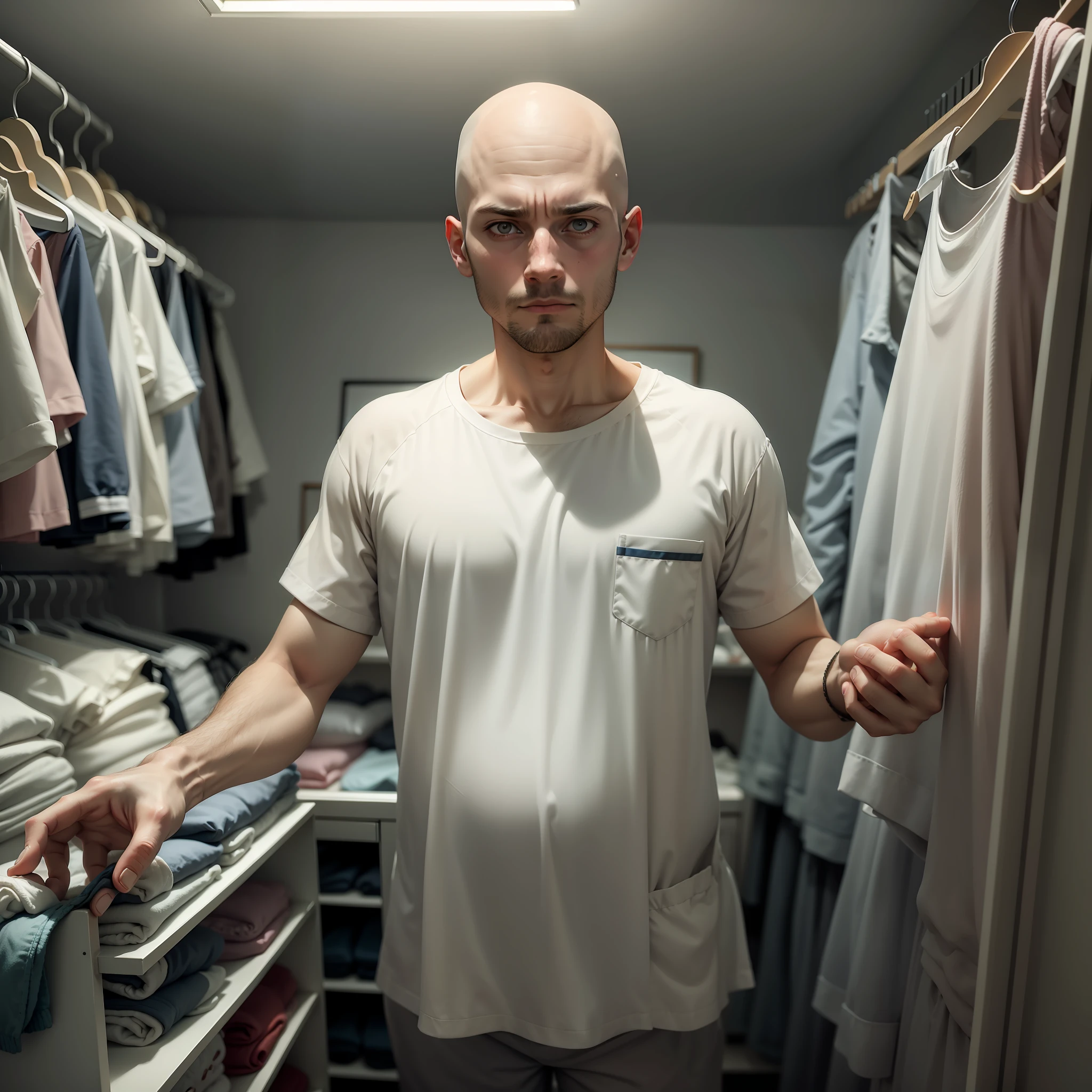 A man in a belly, getting bald, dressed in sleepwear, in a children's room at night, staring at an open closet, perspective of the image of the inside of the closet, grim horror movie photography