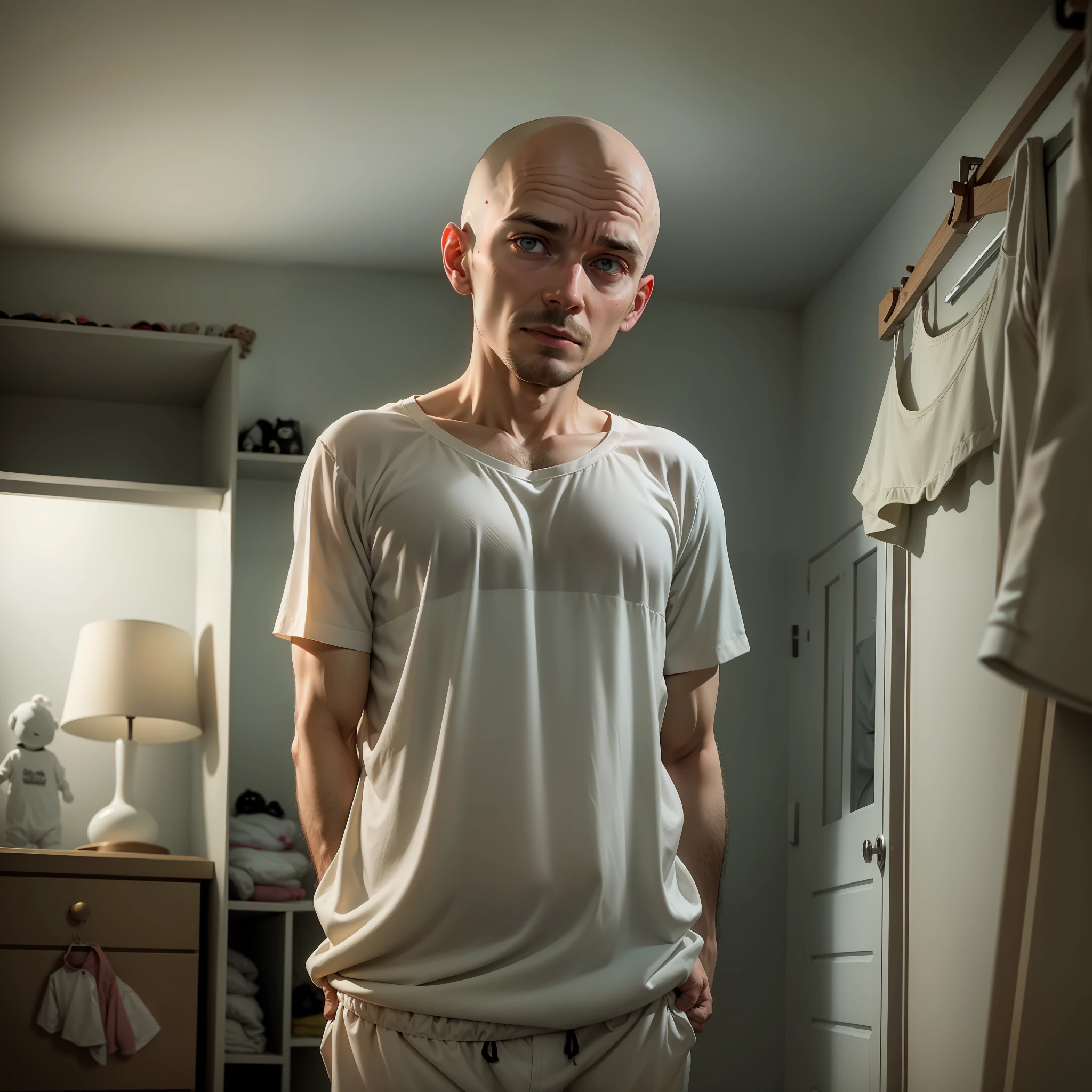 A man in a belly, getting bald, dressed in sleepwear, in a children's room at night, staring at an open closet, perspective of the image of the inside of the closet, grim horror movie photography