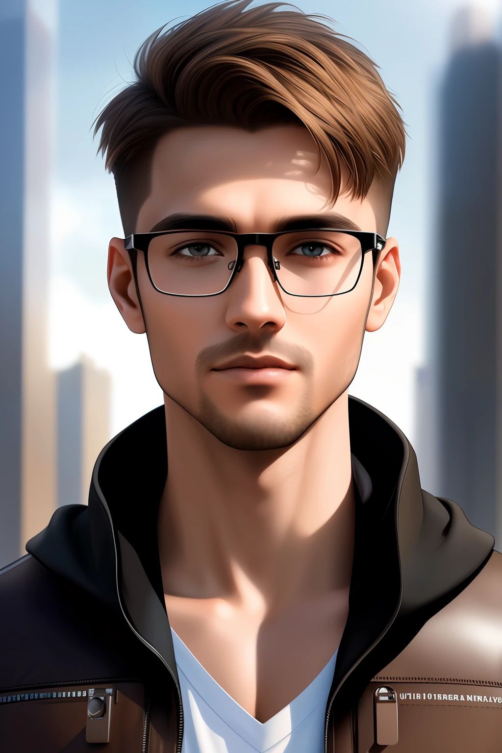 (Ultra-realistic), (extreme quality) (100mil megapixels), (super detailed), blurred background futuristic city, 1 man, 21 years, 1.80m, light brown hair, short gradient haircut on razor, glasses, no beard, thin face, wide neck, black hood with a slight shadow on his face, light brown eyes.
