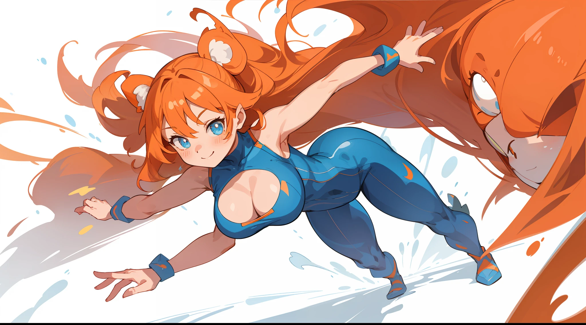 (masterpiece:1.2, best quality), (finely detailed beautiful eyes: 1.2), (extremely detailed CG unity 8k wallpaper, masterpiece, best quality, ultra-detailed, best shadow), (detailed background), (beautiful detailed face, beautiful detailed eyes), High contrast, (best illumination, an extremely delicate and beautiful),1girl,((colourful paint splashes on transparent background, dulux,)), dynamic angle,beautiful detailed glow,full body, cowboy shot,tsuka kendou, 1girl, cubby round face, cute face, determand look, smile, long legs, full body, adult mature female with large breasts, spiky orange hair, orange-pink mullet, very long hair, blue eyes, white pupil, hero, sleeveless blue spandex bodysuit, long orange-pink rabbit ears, character sheet, model sheet,