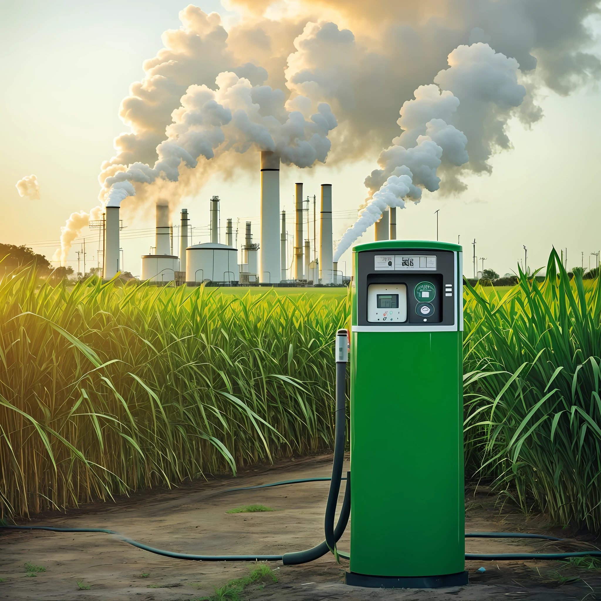 There is a gas pump with a green gas tank in front of a sugar cane field, in the background an alcohol plant releasing smoke down the chimney, clean energy, gas station, "gas station photography, green energy, sustainable, industrial alcohol
