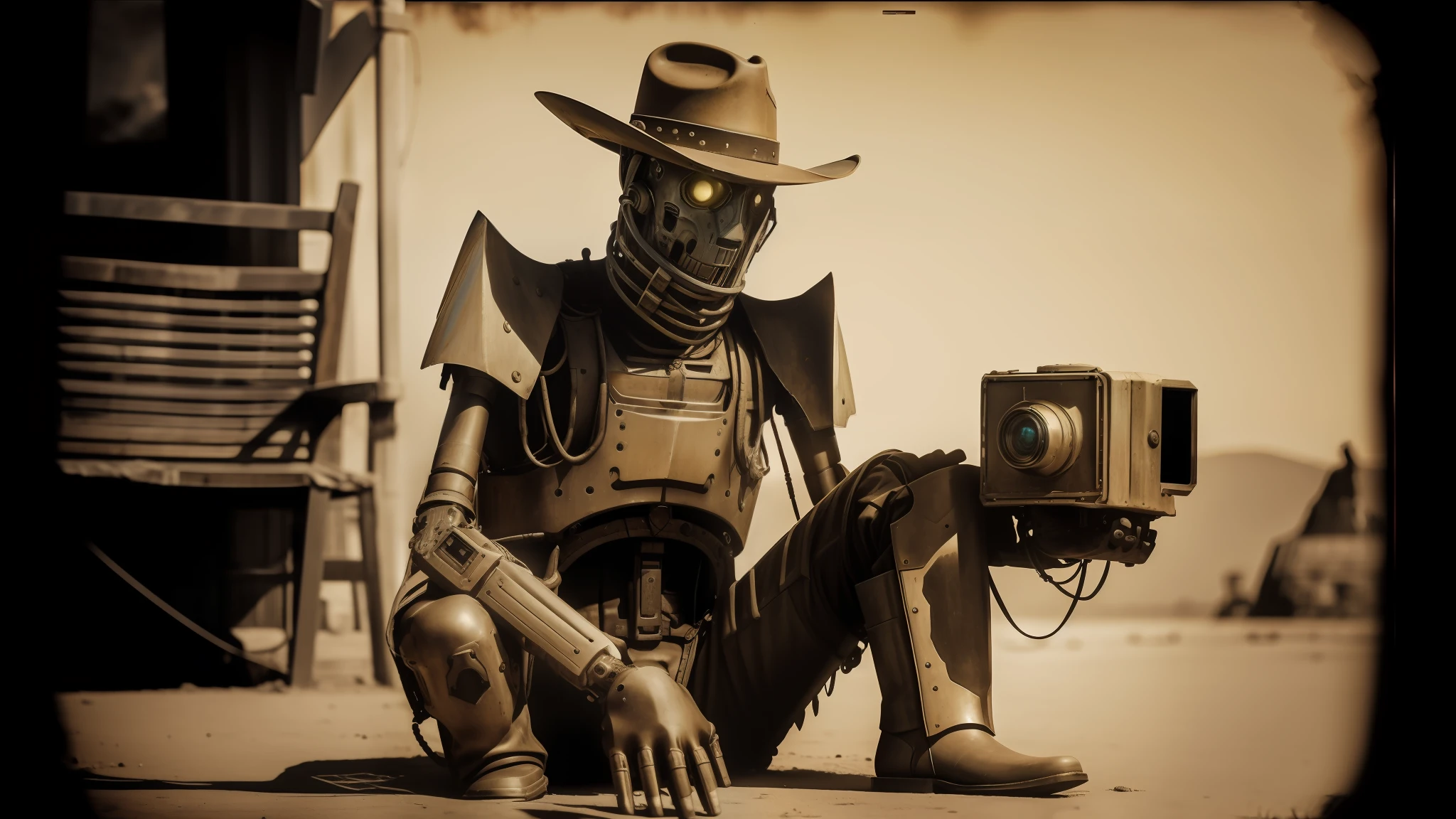 there is a man in a cowboy hat sitting on the ground with a camera, yellow human-sized warforged, collodion photography, realistic mechanical details, benevolent android necromancer, hot and dry, the price of ncr, ancient photograph, cyborg zombie