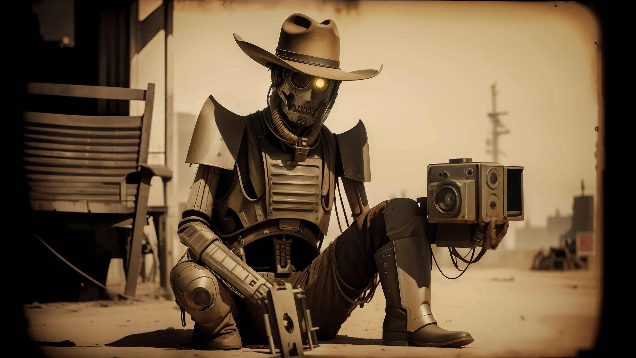 there is a man in a cowboy hat sitting on the ground with a camera, yellow human-sized warforged, collodion photography, realistic mechanical details, benevolent android necromancer, hot and dry, the price of ncr, ancient photograph, cyborg zombie