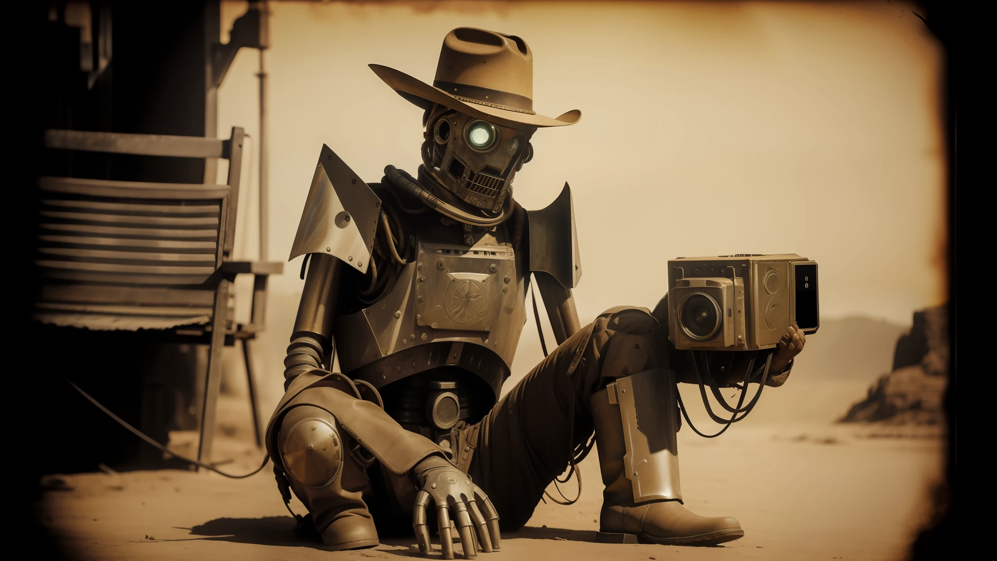 there is a man in a cowboy hat sitting on the ground with a camera, yellow human-sized warforged, collodion photography, realistic mechanical details, benevolent android necromancer, hot and dry, the price of ncr, ancient photograph, cyborg zombie