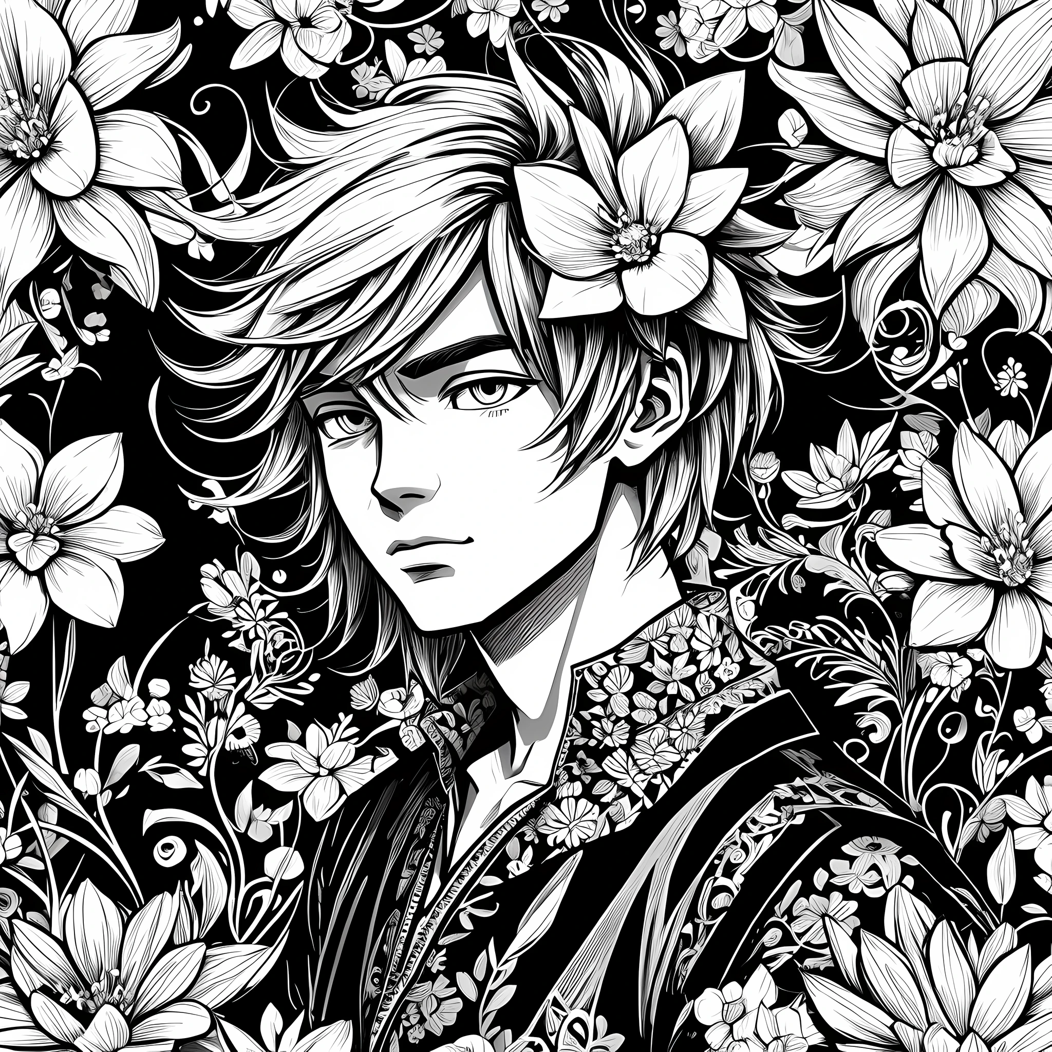 digital illustration,cartoon,flowers , black and white,character, male,HD --auto --s2