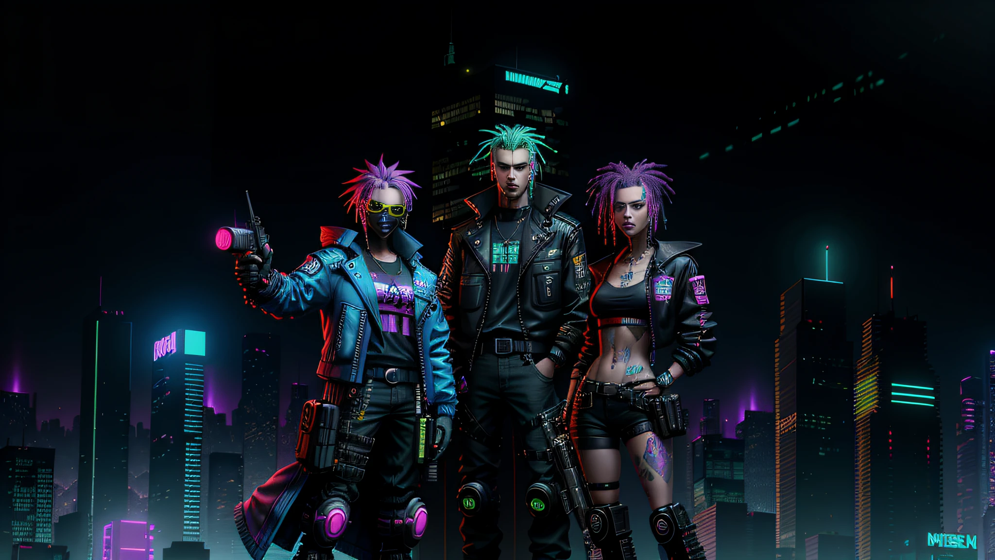 cyberpunk characters in front of a city at night, colorful clothes, cyberpunk colors, cyberpunk vibrant colors, highly detailed cyberpunk, cyberpunk style, cyberpunk character art, hyper-realistic cyberpunk style, cyberpunk noir, cyberpunk shading, cyberpunk with neon lighting, cyberpunk vibe, 80's style, robocop style, robo character, Cyberpunk 80s, robotic character,