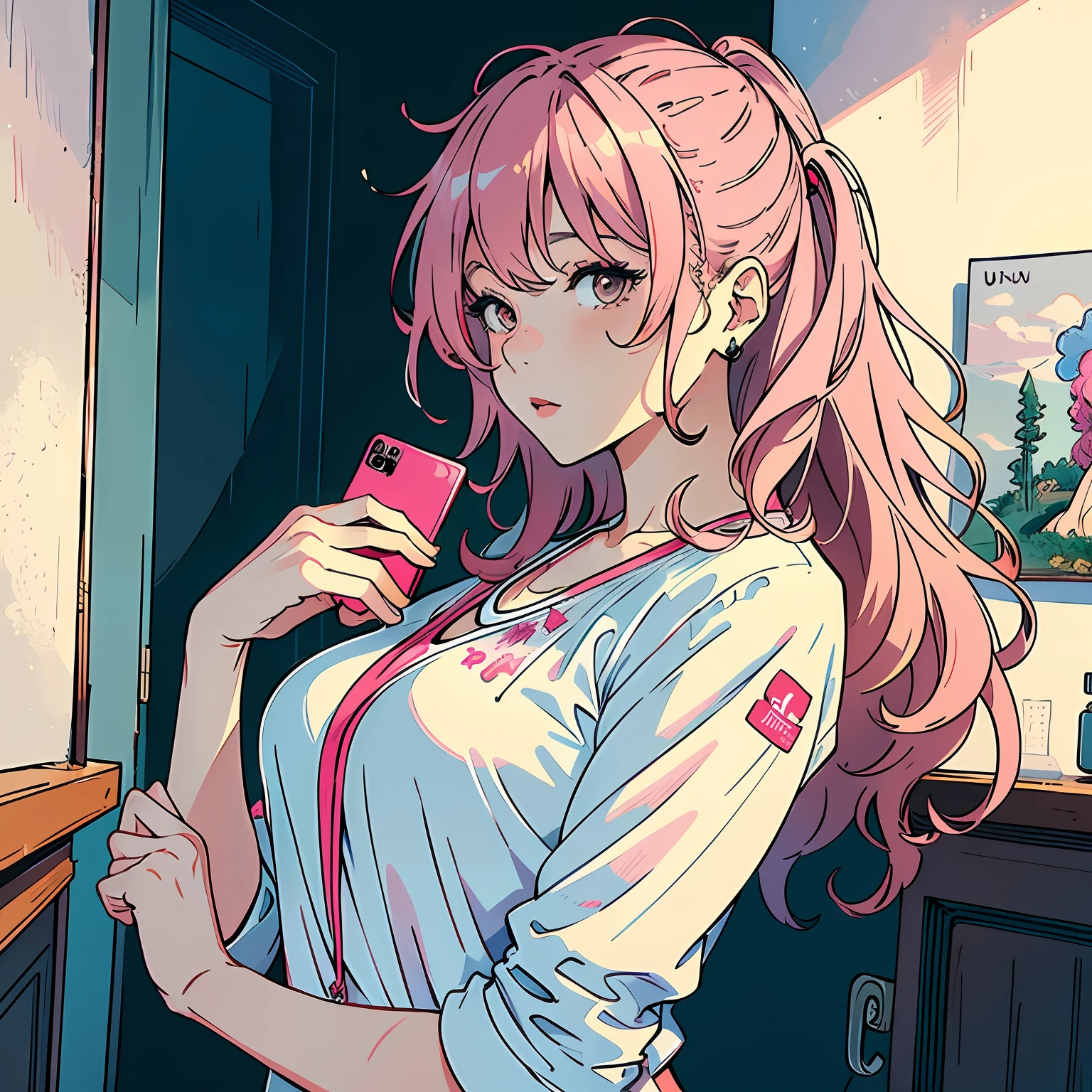 ((Masterpiece)),((Best Quality))),((Ultra Detailed)),((Illustration)),Upper Body View,1 mature girl, long pink curly hair, at home, holding a cell phone in hand
