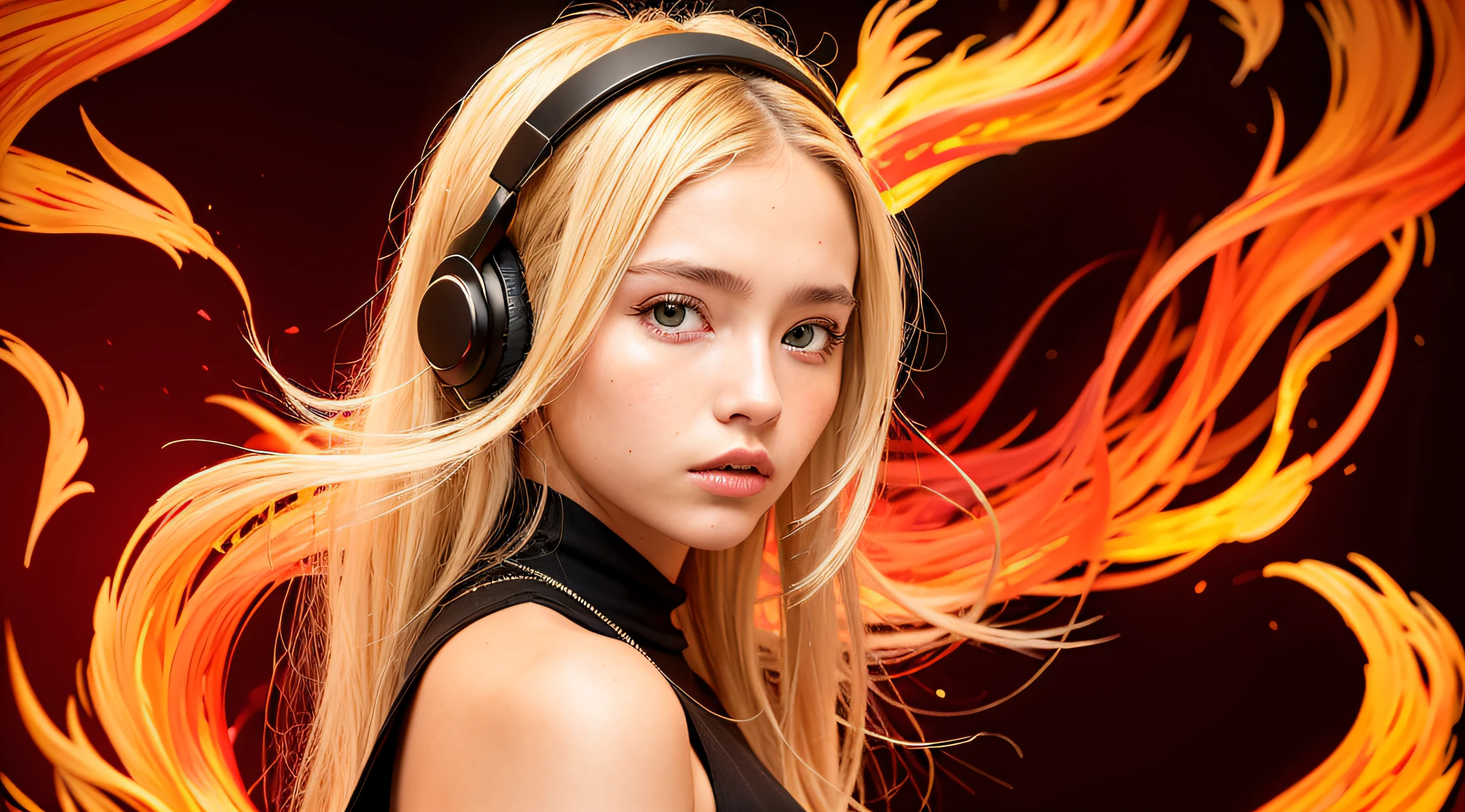 there is a 14 YEAR OLD GIRL in black top and headphones, LONG BLONDE HAIR, PORTRAIT STYLE, CLOSE UP, portrait photo, background art, wearing tumultuous flames, flames surround her, her body made of flames, on fire, on fire, goddess of hot fire, girl wearing headphones, burning in hell, flames around her body, Her hair is on fire, intense steaming, burning atmosphere, engulfed in swirling flames