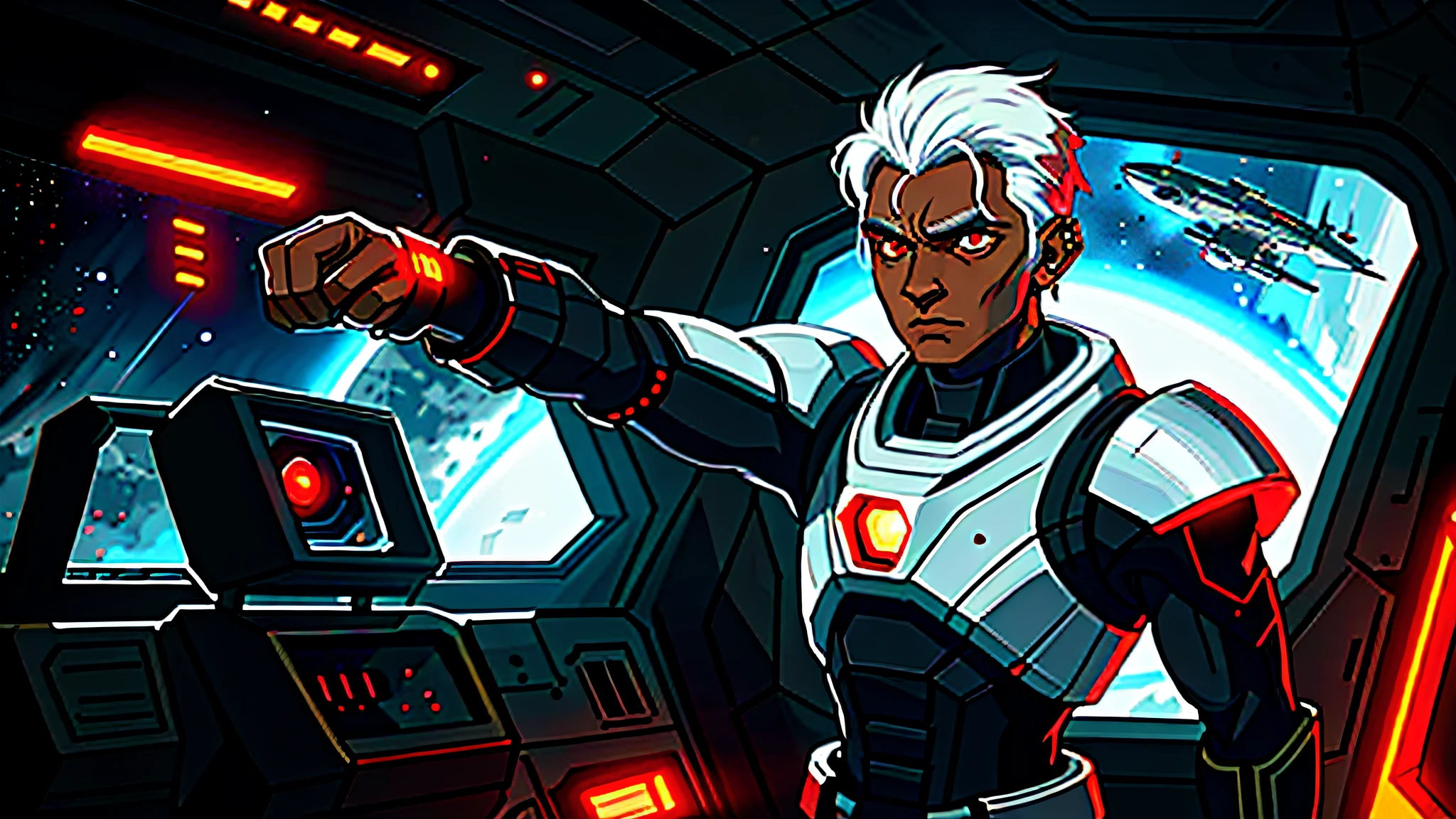 An experienced male space captain with brown skin stands in the front of his spaceship, pointing outside the window and saying something urgent. Sporting black metallic arms, piercing red eyes and striking, white hair, he looks every bit the confident leader, boldly venturing into the great unknown. dark tones and red lights