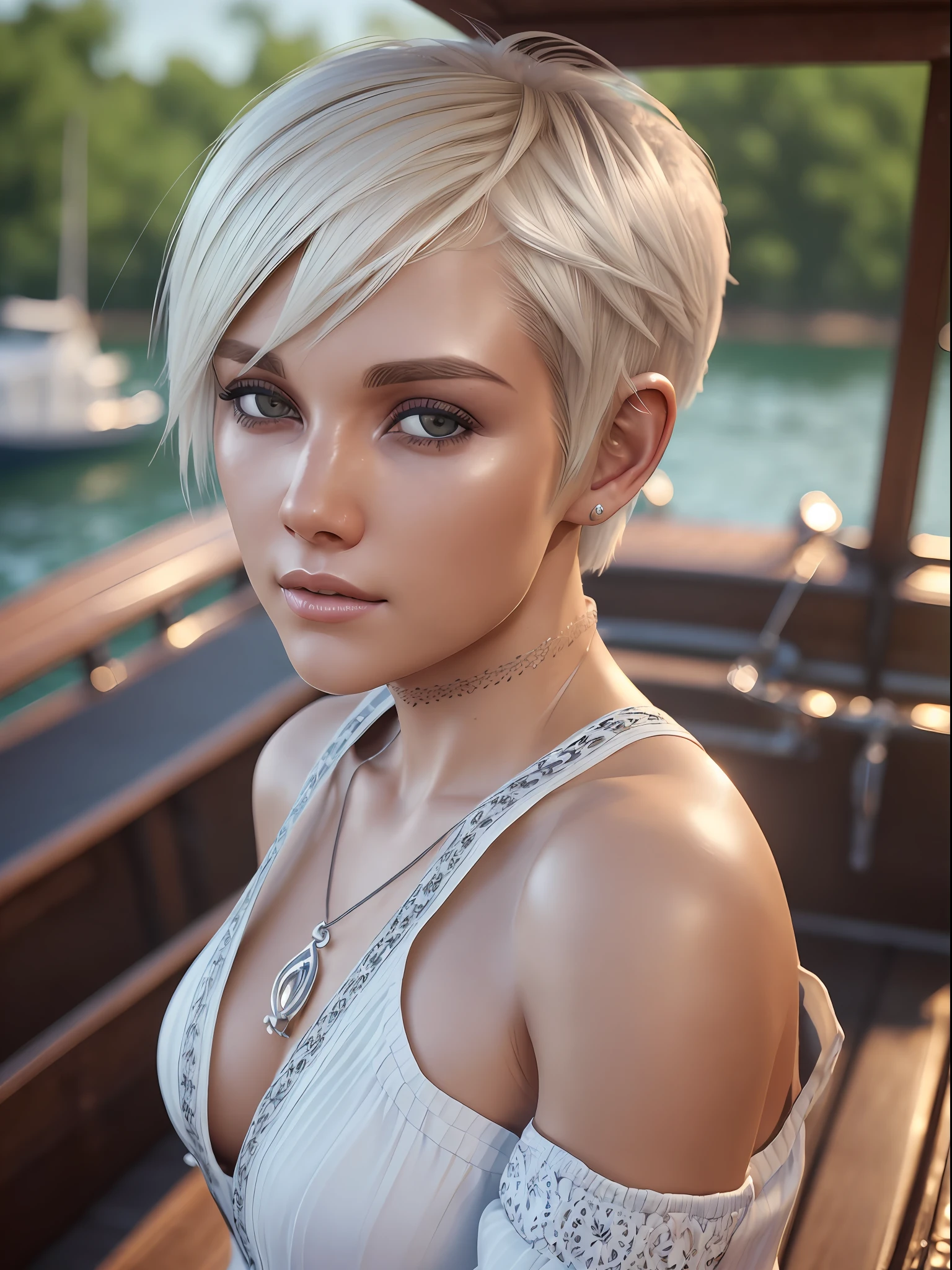(((sfw))), beautiful white swedish blonde woman a  woman in traditional fishing clothes on a wooden boat, 25 years old, platinum hair, short hair, (((pixie cut))), devil smile, azure eyes, big ass, sexy abs, (masterpiece:1.2) (photorealistic:1.2) (bokeh) (best quality) (intricate details) (8k) (high poly) (ray tracing) (cinematic lighting) (sharp focus) (detailed face) (detailed pupils)
