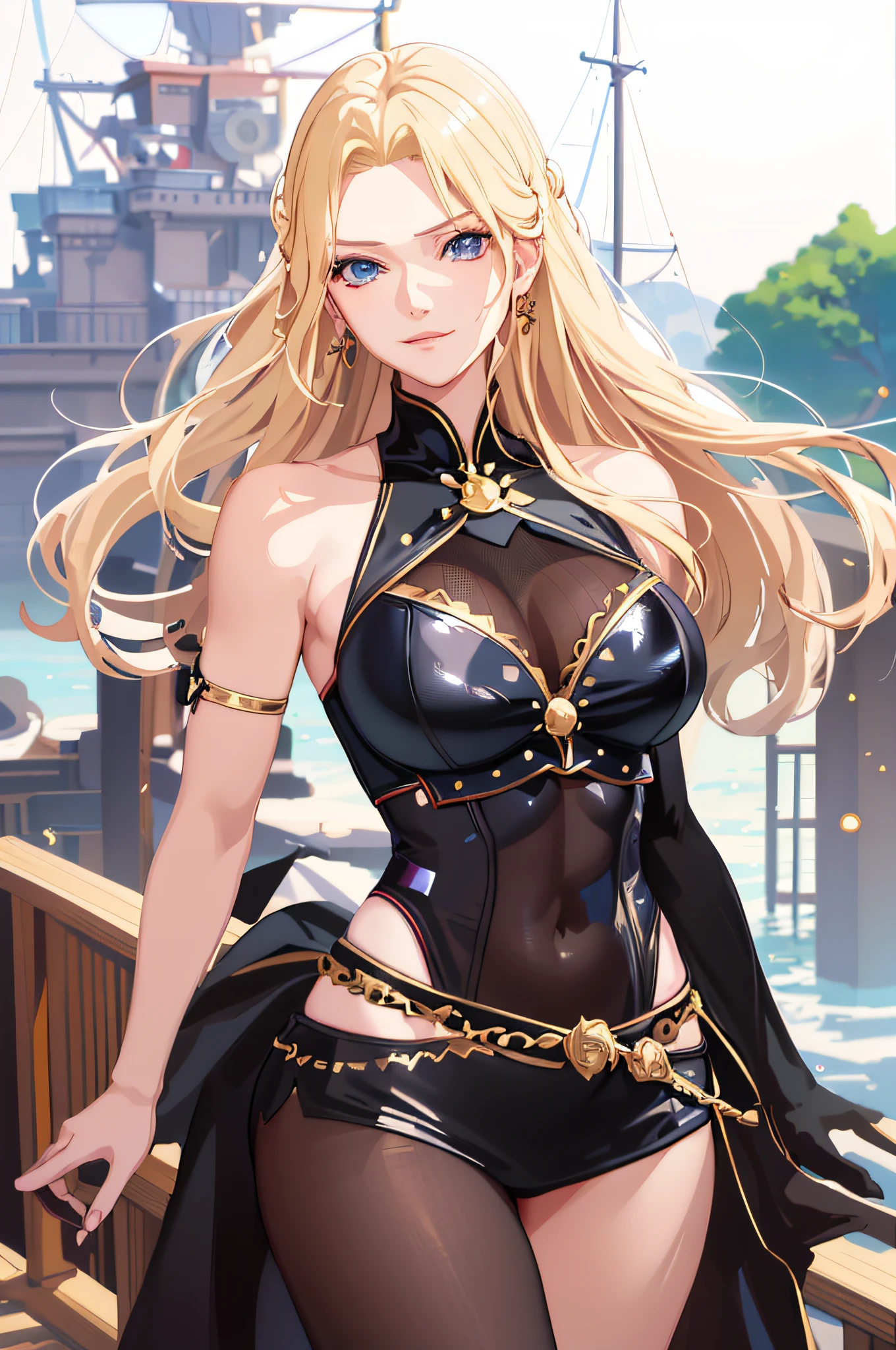 a woman in a bikini and a cape posing on a boat, blonde anime girl with long hair, extremely detailed artgerm, detailed digital anime art, beautiful alluring anime woman, seductive anime girl, female anime character, portrait knights of zodiac girl, advanced digital anime art, artgerm on artstation pixiv, detailed anime character art, beautiful anime woman