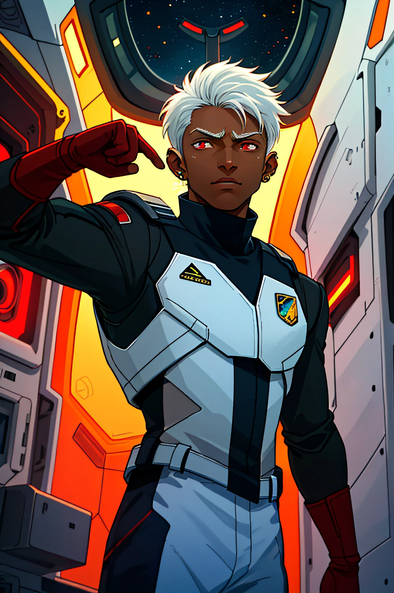 An experienced male space captain with brown skin stands in the front of his spaceship, pointing outside the window and saying something urgent. Sporting black metallic arms, piercing red eyes and striking, white hair, he looks every bit the confident leader, boldly venturing into the great unknown. dark tones and red lights