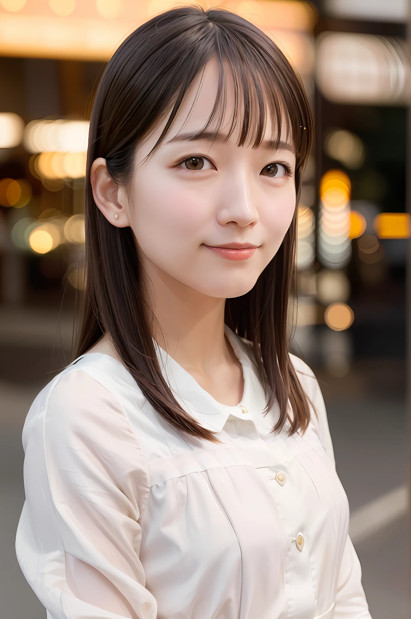 (skin blemish:1.2), (skindentation), black eye, 1woman, 25yo, (((woman))), solo, realistic,  best quality, photorealistic, masterpiece, 8k, high res, solo, extremely detailed face,  (professional lighting, bokeh), (light particles, lens flare, glowing particles:0.6), (dynamic pose:1.2), soft lighting, top angle view, fashionable and trendy atmosphere, japan, street, tokyo, city, ((daytime)), sky,  ((looking at the viewer:1)), (looking at the camera),(portrait:0.6), cowboy shot, gorgeous, standing, keep original facial proportion, wide shoulder, full body,  (small breast),  (medium hair), brown hair, floating hair, lips, lipstick, seductive smile, floating hair, smile, open_mouth, teeth, (sleeves less white blouse), (jumper skirt), eyelashes, mole, (mole under eye:1),
