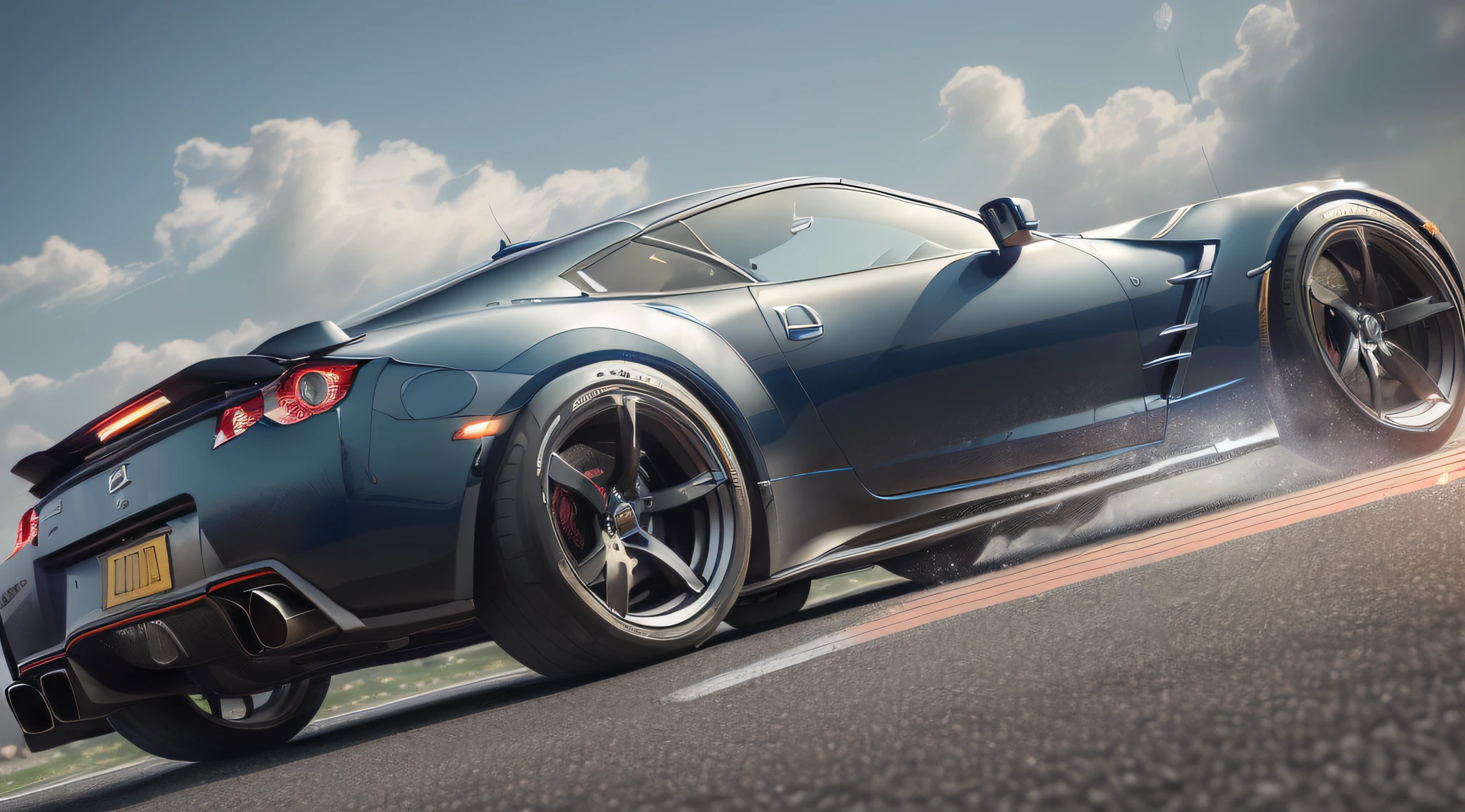 ((Best Quality, 32k, Masterpiece 32k Resolution, Realistic Detail, High Detail, Concept Type, Metallic Black Color, 16-inch Wheels, Senimatic Lighting, 32K Image Quality, ((Best Quality)), ((Masterpiece)), (High Definition: 3.8), 3D, HDR (High Dynamic Range), NVIDIA RTX, Super Resolution, Unreal 5, PBR Texturing, Post-processing, anisotropic filtering, depth of field, maximum intelligibility, ultra-sharpness, albedo and specular maps, accurate simulation of light-material interactions, octane rendering, two-tone lighting, low ISO, white balance, rule of thirds, wide aperture, 32K RAW, realistic, photorealistic: 1.37, ultra detail, car focus, Backlight, precise lens flare, (Midnight Drift: 4) photos, cyber precision fusion of GTR35 and Fairlady Z, front light is three-stage round and beam light on, paint is of the highest quality, tires are tarmac slick tires, no corporate logo, driving in the city center at midnight, front skirt is sharp and compact design, air intake is precise, Overall futuristic design like the latest Gundam, street lights shine, exposure time-lapse, glazed paint, skirt is integrated and large left and right even cyber design, lights are attached to the rear wing, moonlight, clear sky late night, smoke from tires, wind expression, tire slip smoke screen can be seen, light is bull, overall shooting, precise car body, very realistic photo, photo quality, muffler is silver design, Gull wing, flame from muffler, front air intake is small with precise design, camera F number is circular blur, perspective, no rear wing, during steering, tire slip traces on the road surface, incoming clouds,