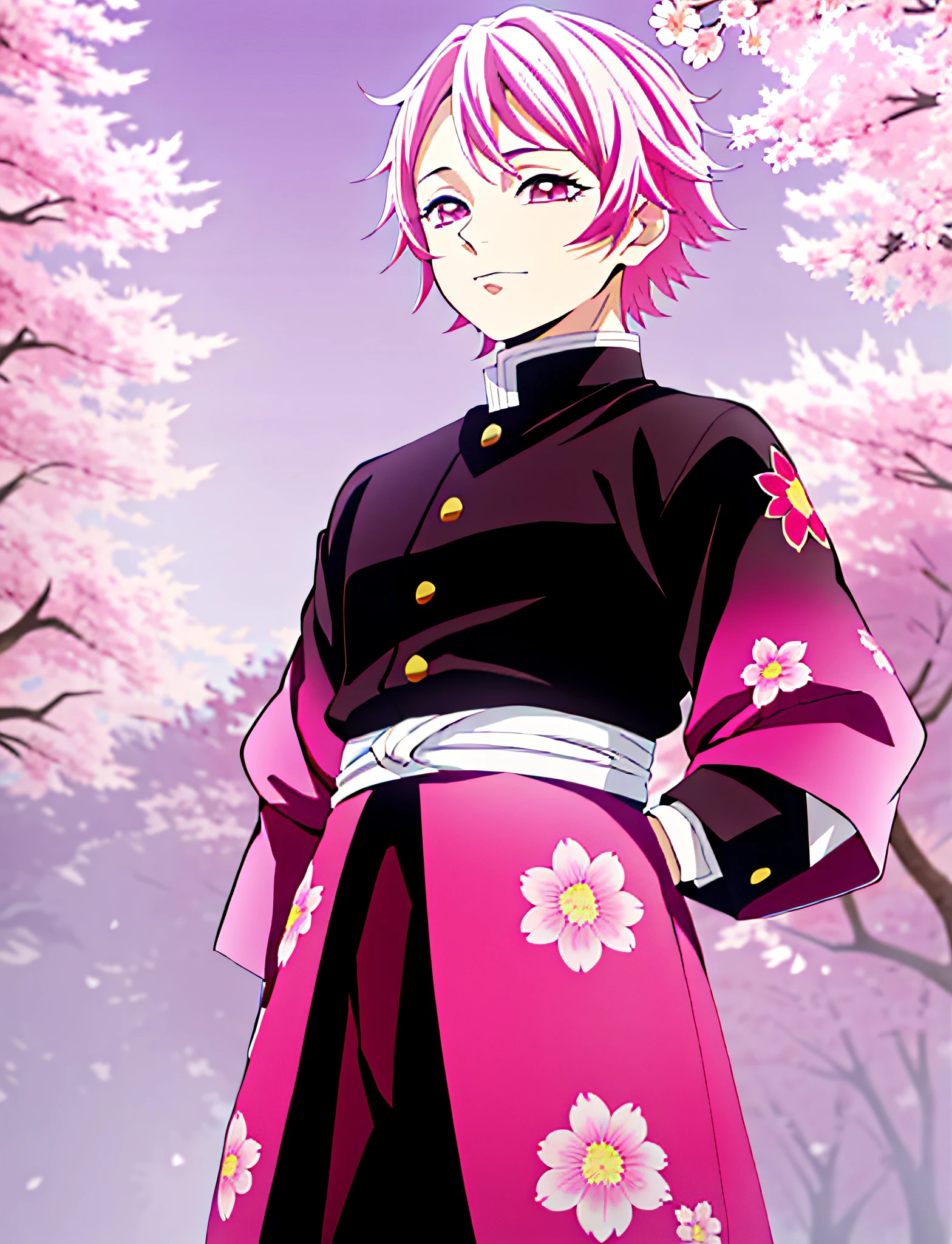 Kimetsu no Yaiba style Flower Hashira, young male in a black and pink Demon Slayer Uniform with beautiful detailed pink sakura cherry blossom patterns, short pink hair, friendly soft face, anime illustration, high detail, high contrast, cherry blossom trees in the background, daytime ((masterpiece))
