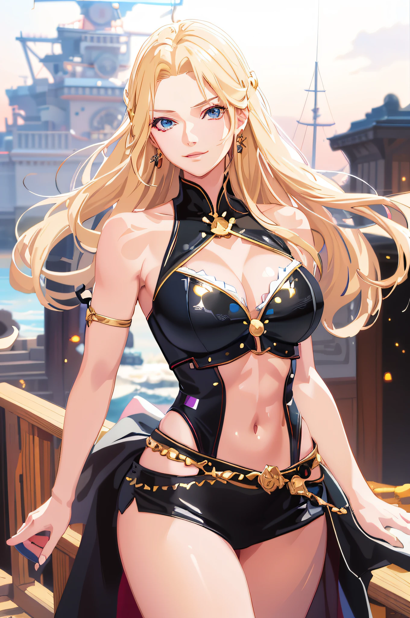 a woman in a bikini and a cape posing on a boat, blonde anime girl with long hair, extremely detailed artgerm, detailed digital anime art, beautiful alluring anime woman, seductive anime girl, female anime character, portrait knights of zodiac girl, advanced digital anime art, artgerm on artstation pixiv, detailed anime character art, beautiful anime woman