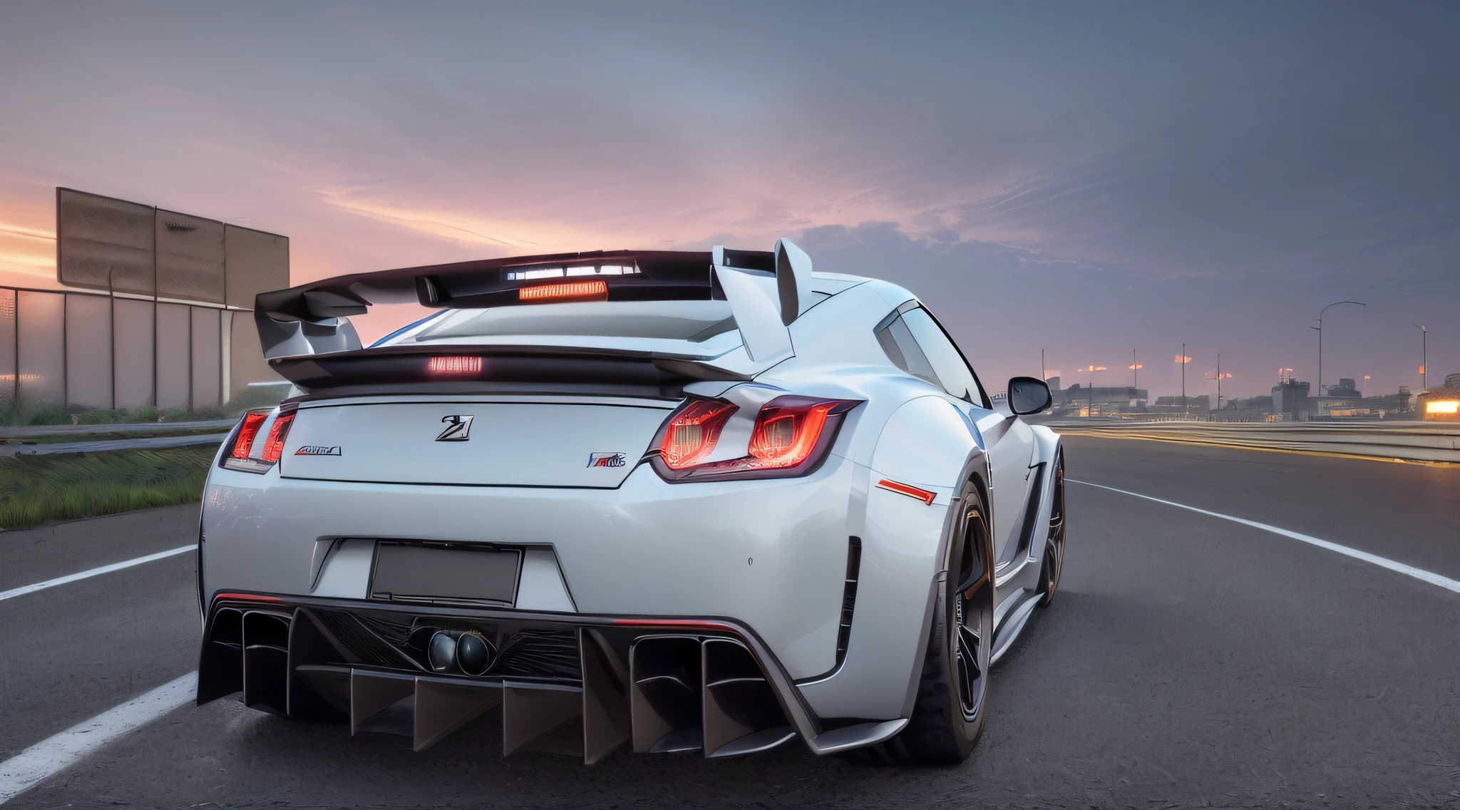 ((Best Quality, 32k, Masterpiece 32k Resolution, Realistic Detail, High Detail, Concept Type, Metallic Black Color, 16-inch Wheels, Senimatic Lighting, 32K Image Quality, ((Best Quality)), ((Masterpiece)), (High Definition: 3.8), 3D, HDR (High Dynamic Range), NVIDIA RTX, Super Resolution, Unreal 5, PBR Texturing, Post-processing, anisotropic filtering, depth of field, maximum intelligibility, ultra-sharpness, albedo and specular maps, accurate simulation of light-material interactions, octane rendering, two-tone lighting, low ISO, white balance, rule of thirds, wide aperture, 32K RAW, realistic, photorealistic: 1.37, ultra detail, car focus, Backlight, precise lens flare, (Midnight Drift: 4) photos, cyber precision fusion of GTR35 and Fairlady Z, front light is three-stage round and beam light on, paint is of the highest quality, tires are tarmac slick tires, no corporate logo, driving in the city center at midnight, front skirt is sharp and compact design, air intake is precise, Overall futuristic design like the latest Gundam, street lights shine, exposure time-lapse, glazed paint, skirt is integrated and large left and right even cyber design, lights are attached to the rear wing, moonlight, clear sky late night, smoke from tires, wind expression, tire slip smoke screen can be seen, light is bull, overall shooting, precise car body, very realistic photo, photo quality, muffler is silver design, Gull wing, flame from muffler, front air intake is small with precise design, camera F number is circular blur, perspective, no rear wing, during steering, tire slip traces on the road surface, incoming clouds,