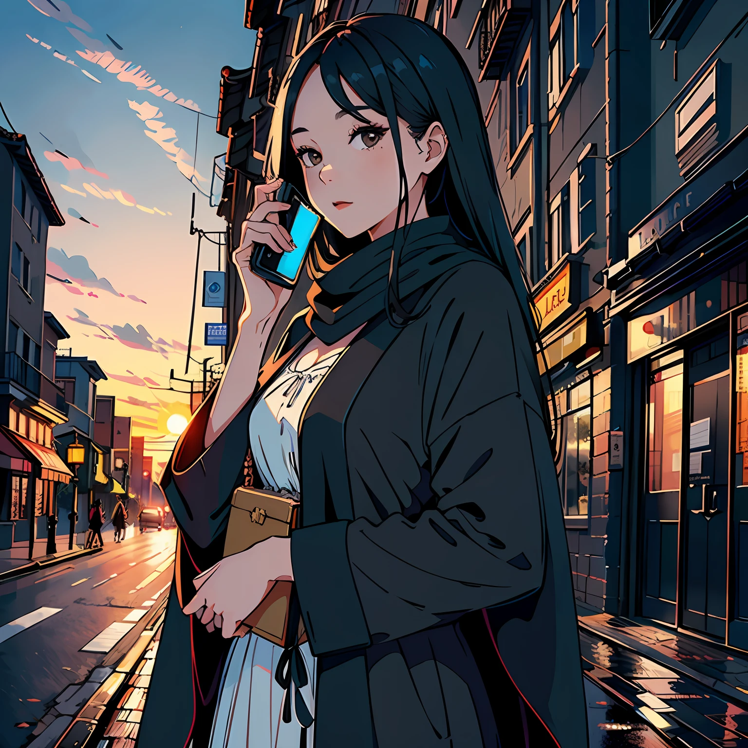 ((Masterpiece)), ((Best Quality))), ((Ultra Detailed)), ((Illustration)), Upper Body Perspective, A Mature Girl. Long black shawl hair, on the street in the evening, sunset, on the phone