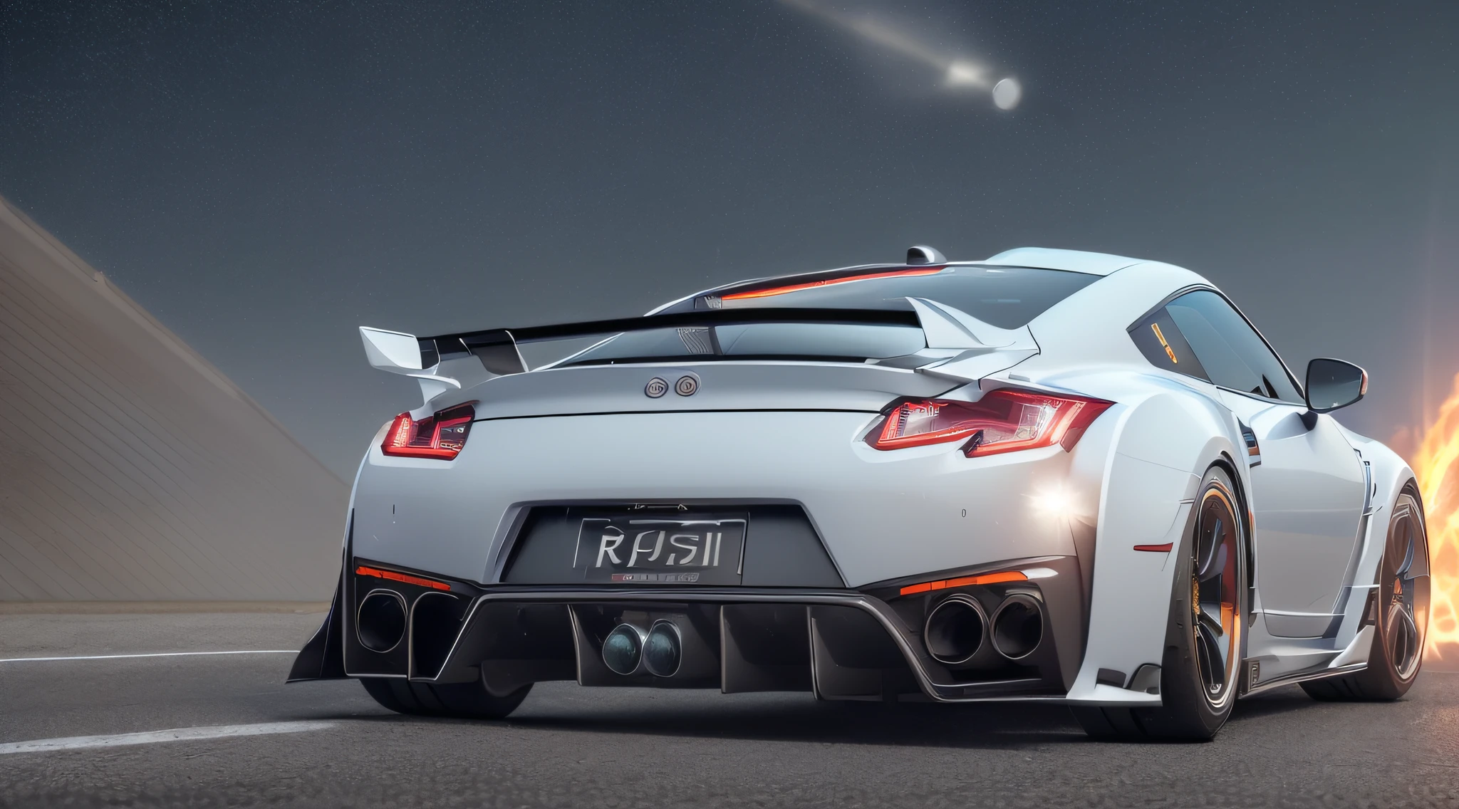 ((Best Quality, 32k, Masterpiece 32k Resolution, Realistic Detail, High Detail, Concept Type, Metallic Black Color, 16-inch Wheels, Senimatic Lighting, 32K Image Quality, ((Best Quality)), ((Masterpiece)), (High Definition: 3.8), 3D, HDR (High Dynamic Range), NVIDIA RTX, Super Resolution, Unreal 5, PBR Texturing, Post-processing, anisotropic filtering, depth of field, maximum intelligibility, ultra-sharpness, albedo and specular maps, accurate simulation of light-material interactions, octane rendering, two-tone lighting, low ISO, white balance, rule of thirds, wide aperture, 32K RAW, realistic, photorealistic: 1.37, ultra detail, car focus, Backlight, precise lens flare, (Midnight Drift: 4) photos, cyber precision fusion of GTR35 and Fairlady Z, front light is three-stage round and beam light on, paint is of the highest quality, tires are tarmac slick tires, no corporate logo, driving in the city center at midnight, front skirt is sharp and compact design, air intake is precise, Overall futuristic design like the latest Gundam, street lights shine, exposure time-lapse, glazed paint, skirt is integrated and large left and right even cyber design, lights are attached to the rear wing, moonlight, clear sky late night, smoke from tires, wind expression, tire slip smoke screen can be seen, light is bull, overall shooting, precise car body, very realistic photo, photo quality, muffler is silver design, Gull wing, flame from muffler, front air intake is small with precise design, camera F number is circular blur, perspective, no rear wing, during steering, tire slip traces on the road surface, incoming clouds,