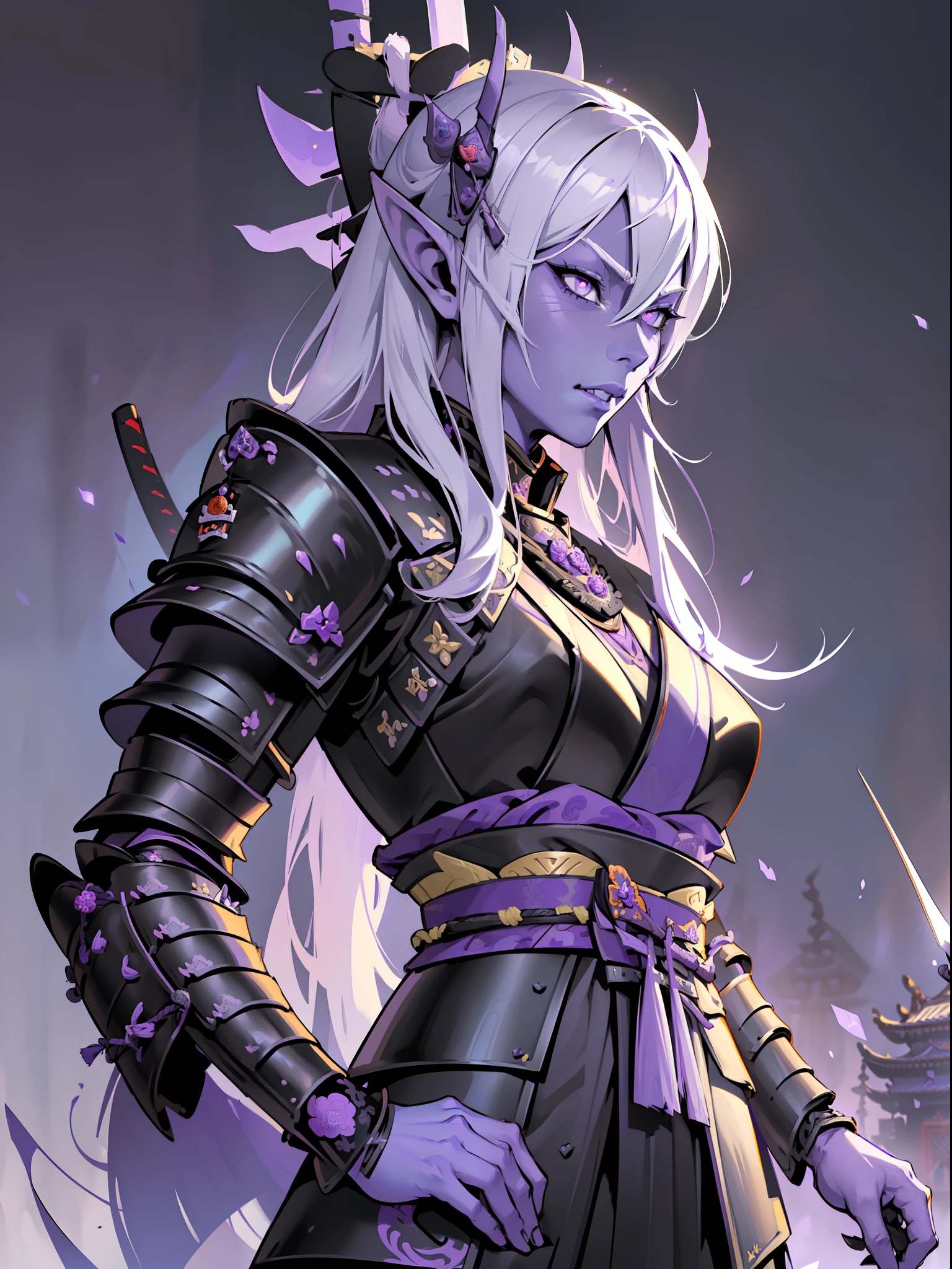 (extremely detailed 16k wallpaper:1.2), (best quality:1.2), (adventure and fantasy theme), profile (Dungeons & Dragons RPG character), (((black elf race woman)))), (((drow))), young, beautiful, sexy, focus, female, sharp focus, (subsurface scattering:1.1), award-winning photography, ((Samurai Class:1.3)), ((half-body shot:1.1)), centered face, very long white hair, purple skin, face with oriental white paint, bright lilac eyes:1.2, wanton, villainous, evil expression, (((((black and purple samurai armor))))), holding samurai sword with black energy, (standing before eastern temple ruin:1.3), (very detailed background:1.2), dramatic lighting, sfw