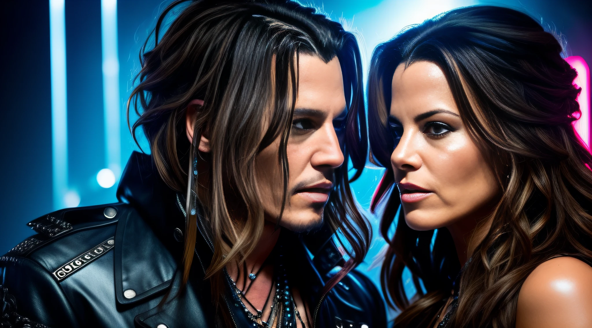 Kate Beckinsale kissing Johnny Depp. Cyber-punk couple. Rave. Globe. Music. Dj. Very dark atmosphere. Lights. They are (realistic) (photorealistic: 1.2) (beautifully detailed eyes: 1.2) (best quality: 1.2), (detailed face: 1.4), (beautifully detailed eyes: 1.2), (elaborate hair).