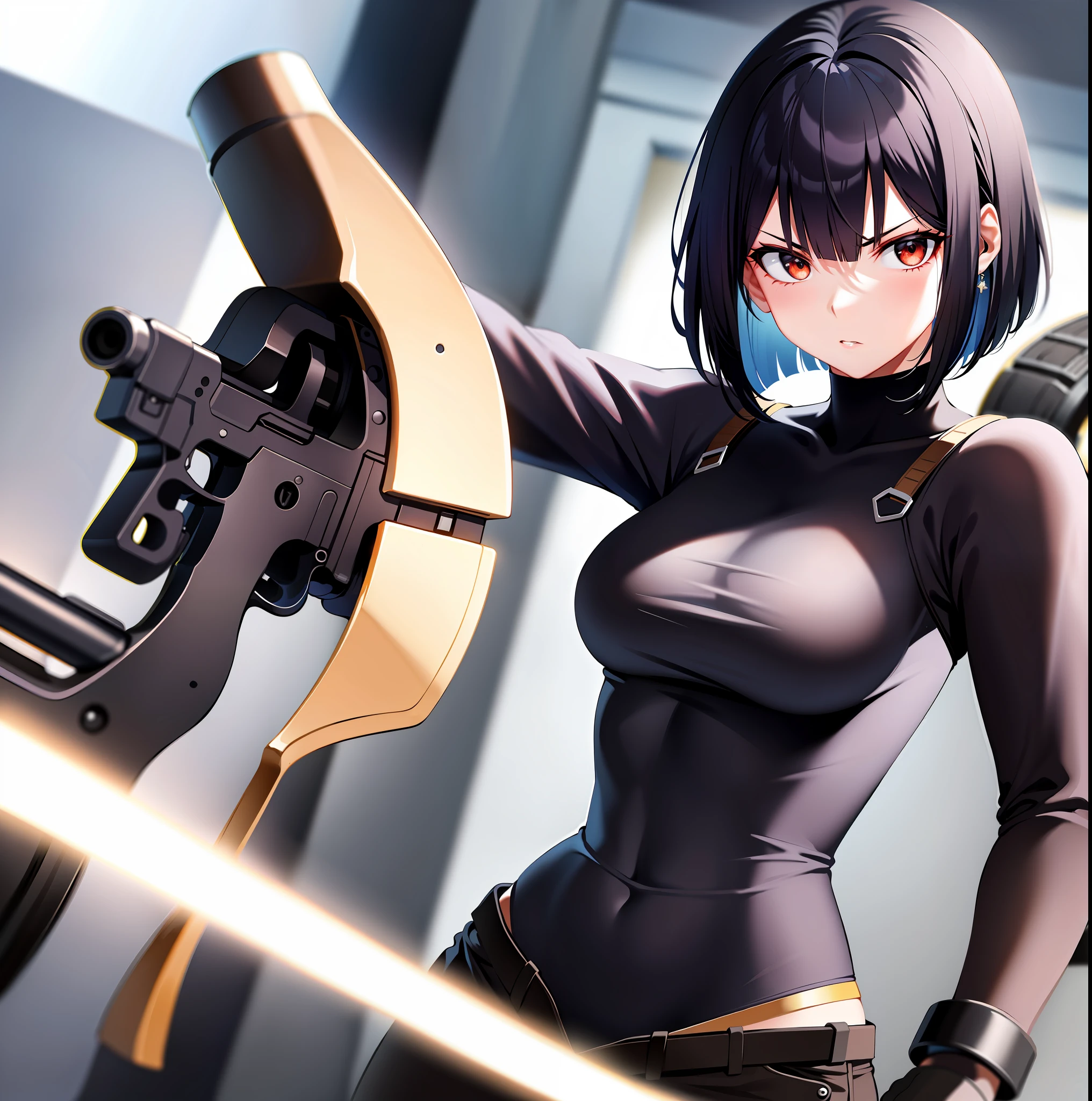 Woman, black hair, serious face, a lot of guns pointed around, hair is bob, hair is bob, targeted, targeted