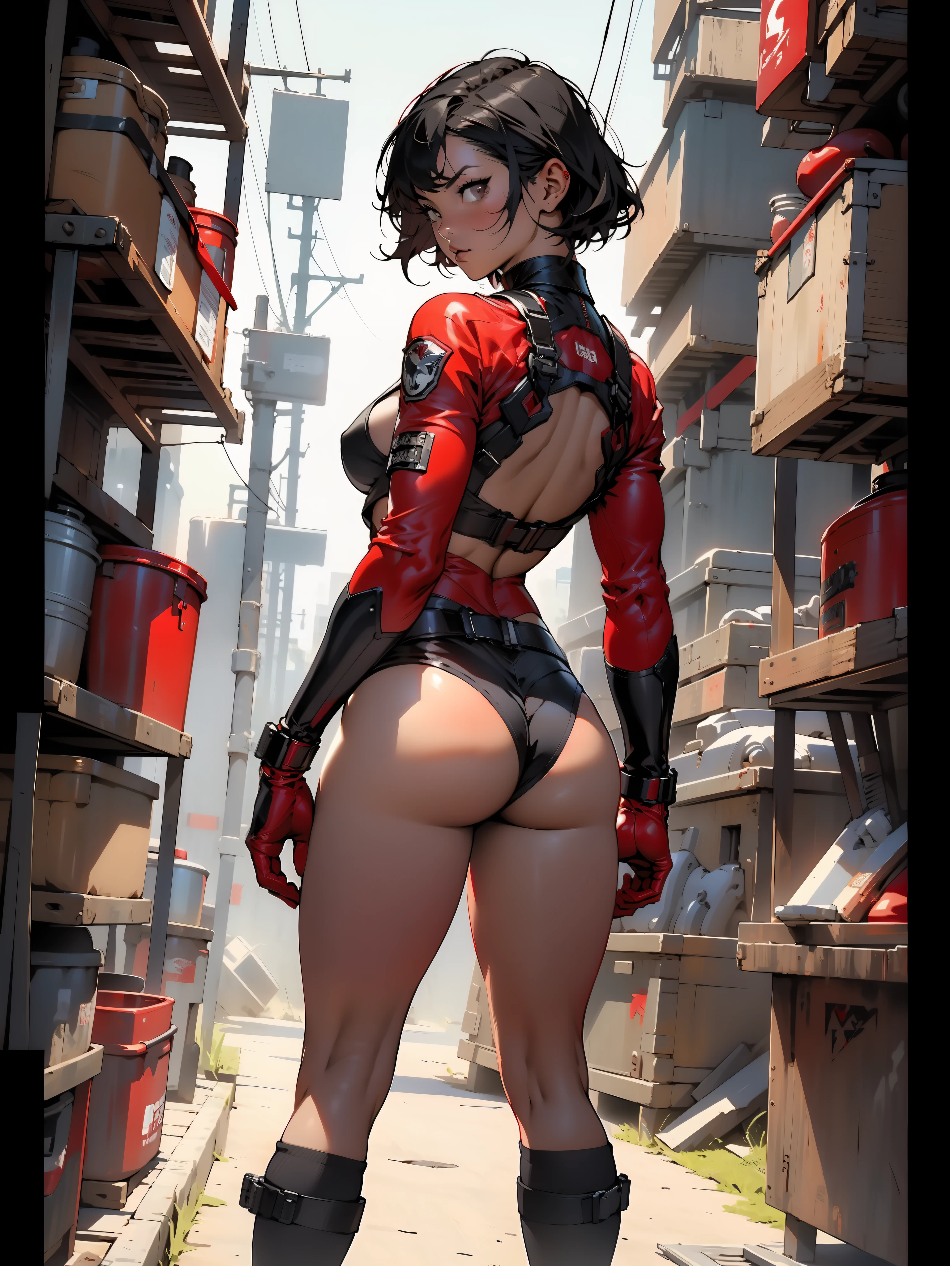((Best quality)), ((masterpiece)), (detailed: 1.4), (((back))), ((Perfect ass)), A muscular 35-year-old warrior woman almost naked in the Simon Bisley style for the cover of Heavy Metal magazine, bare thighs, tiny thong, garter belt, (((super short black hair))), clean face, Minimal clothing, red carbon fiber cyberpunk outfit with small blue and white details, (((red clothing))), (((short-cut))), (((mature woman))), (((full body)), (((tiny red thhong)))