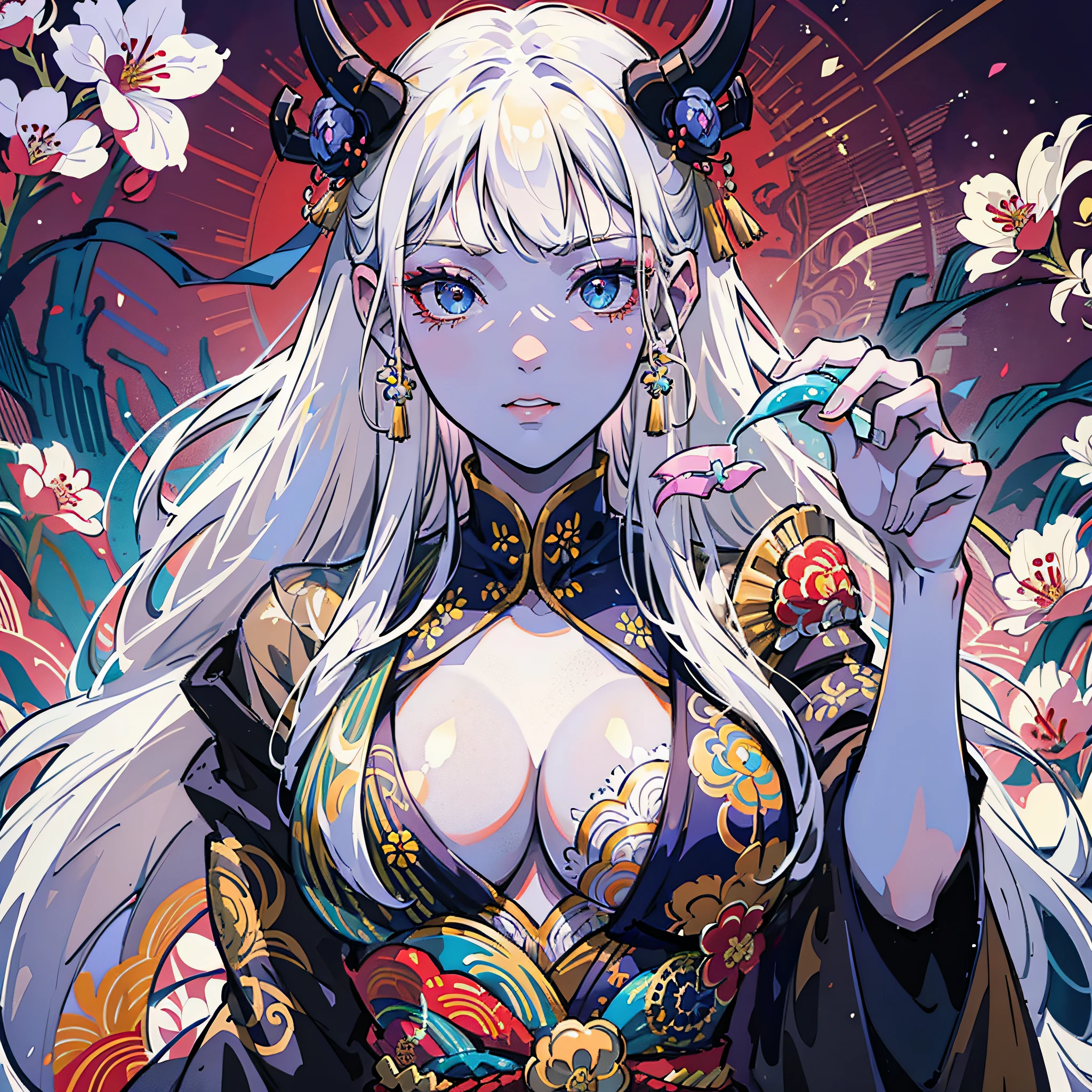 Maiden holding soap, white hair, sexy pose, evil, super detailed, straight long hair, colorful, intricate detailed costumes, kimonos --auto --s2