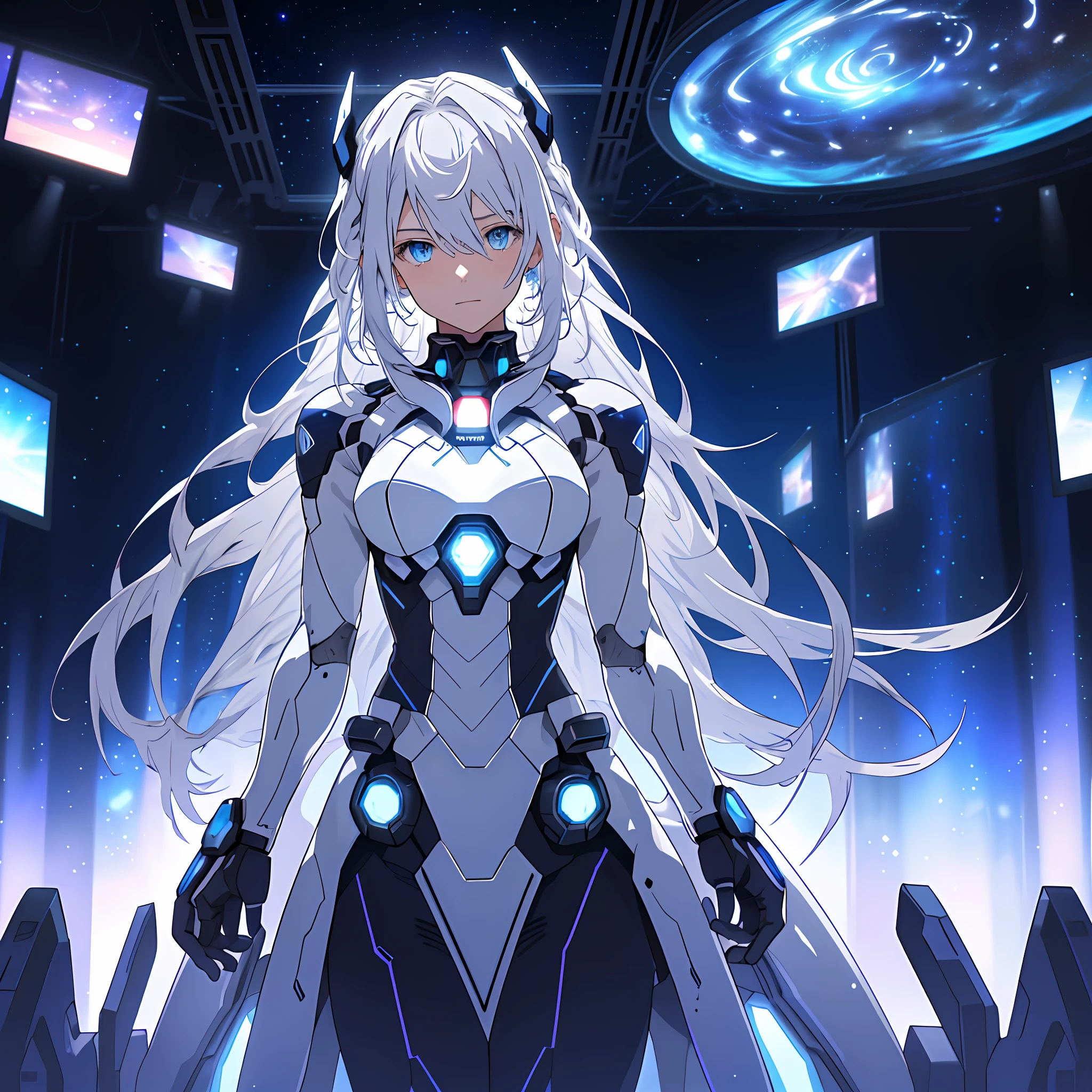 (Best quality: 1.0), (Ultra High Resolution: 1.0), anime girl, long white hair, blue eyes, standing in a room full of technology looking at the audience, background with window with cosmic starry sky, silver professional women's clothing, face full of details, delicate hands,