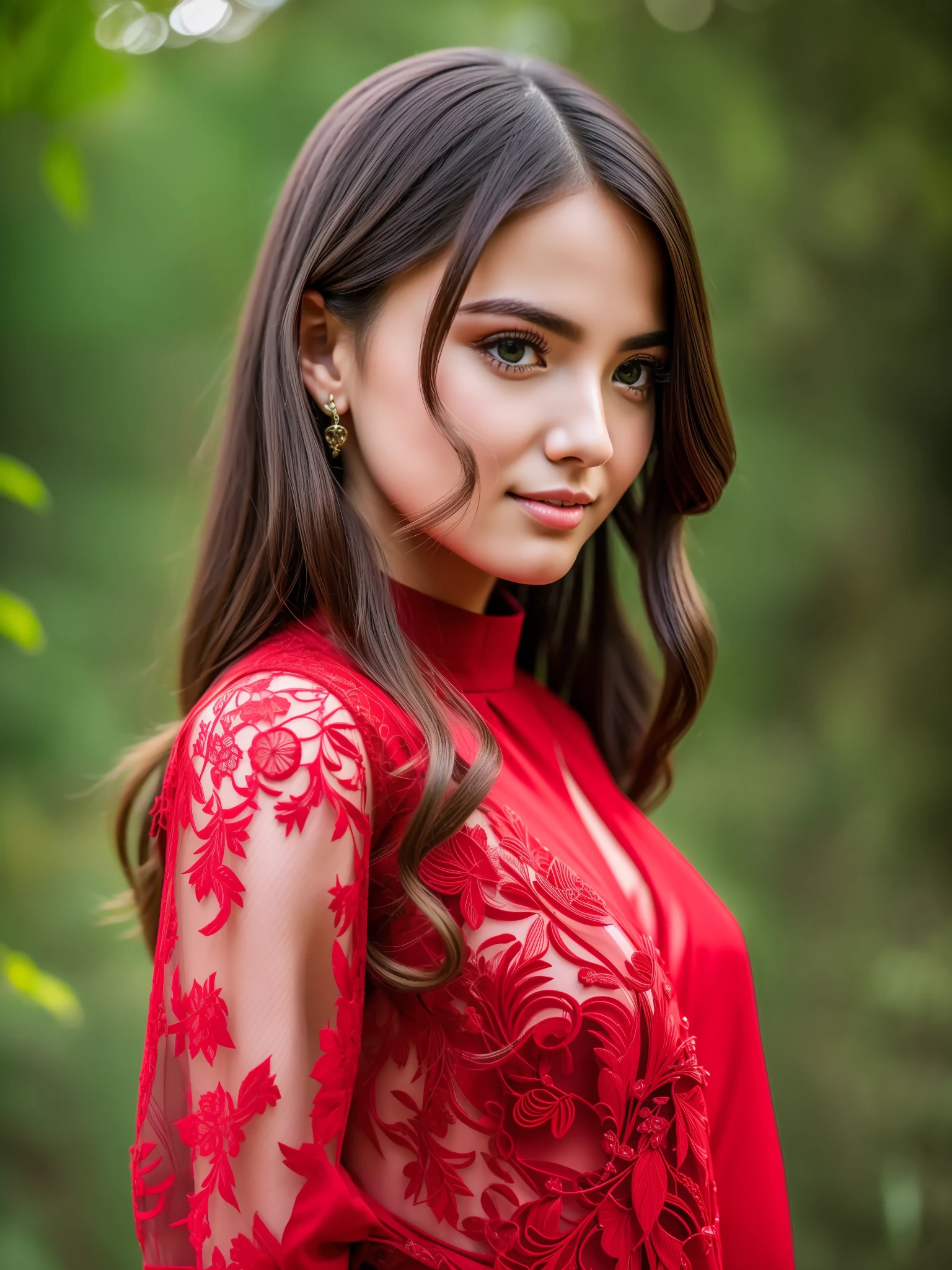 masterpiece, best quality, hyper details, ultra realistic, intricate, awesome fashion woman, red clothes, olive green color background, Sharp focus, beautiful,,8k, high quality, beautiful, shot by Fujifilm XT3, wide lens