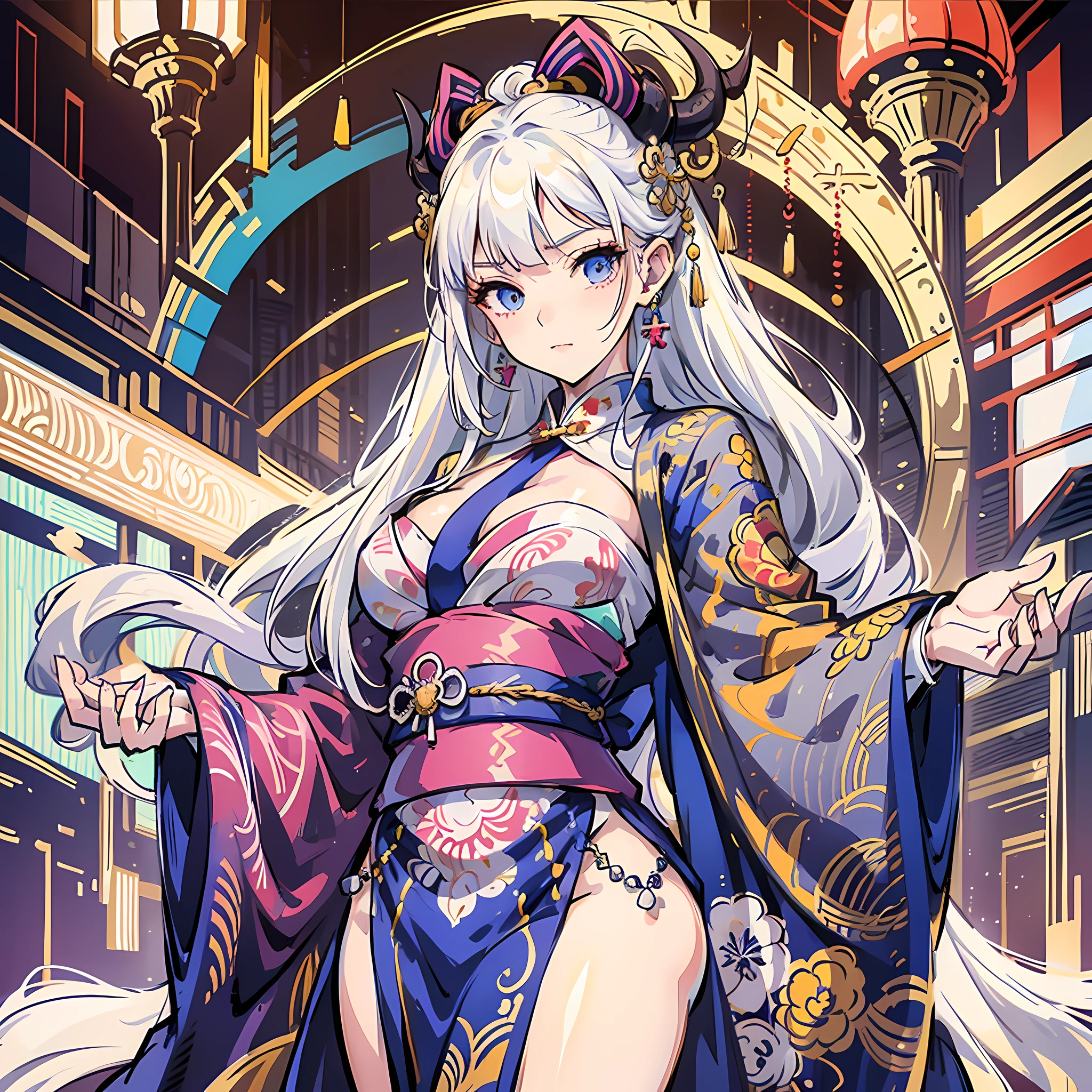 Maiden holding soap, white hair, sexy pose, evil, super detailed, straight long hair, colorful, intricate detailed costumes, kimonos --auto --s2