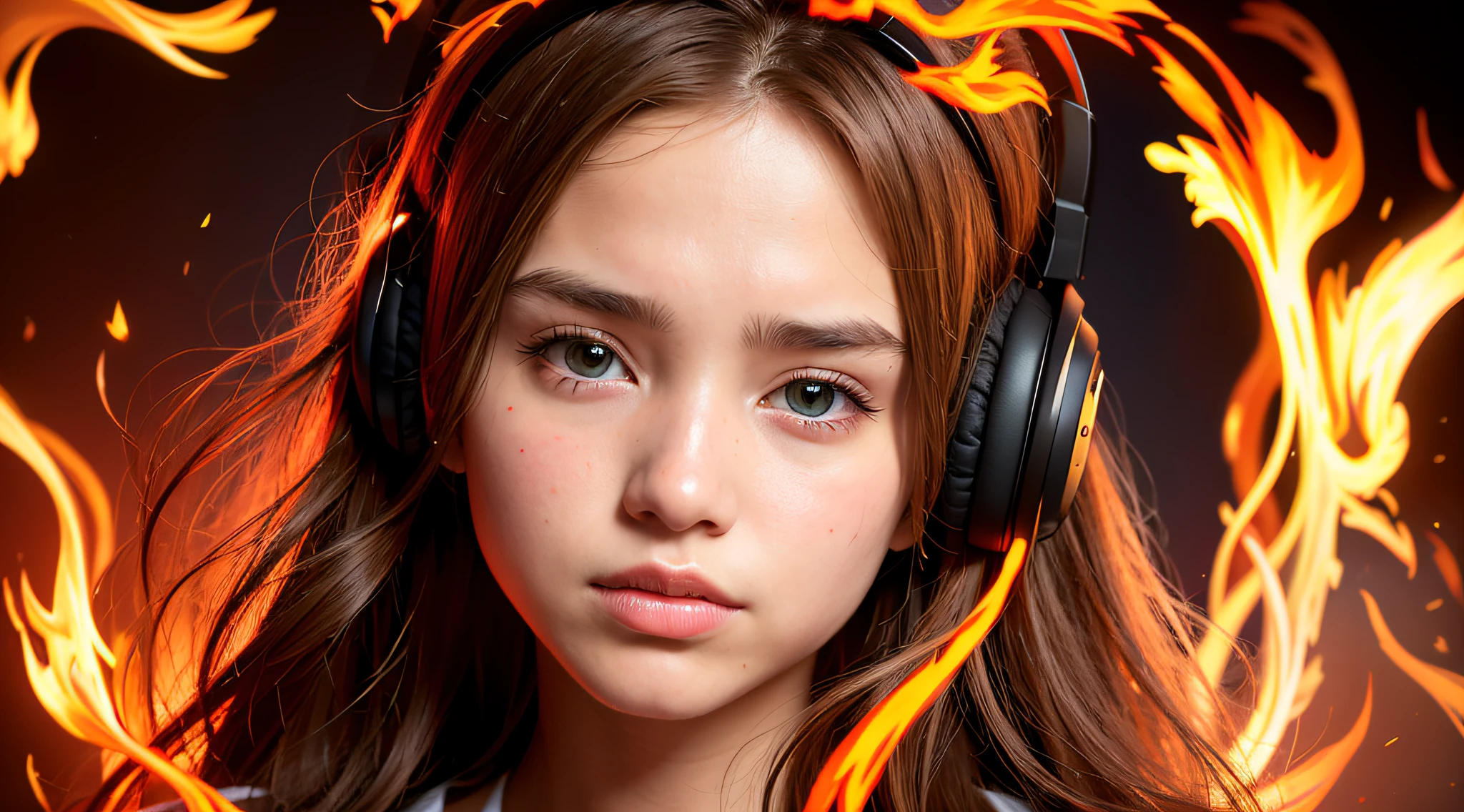 there is a 14 YEAR OLD GIRL in black top and headphones, LONG BLONDE HAIR, PORTRAIT STYLE, CLOSE UP, portrait photo, background art, wearing tumultuous flames, flames surround her, her body made of flames, on fire, on fire, goddess of hot fire, girl wearing headphones, burning in hell, flames around her body, Her hair is on fire, intense steaming, burning atmosphere, engulfed in swirling flames