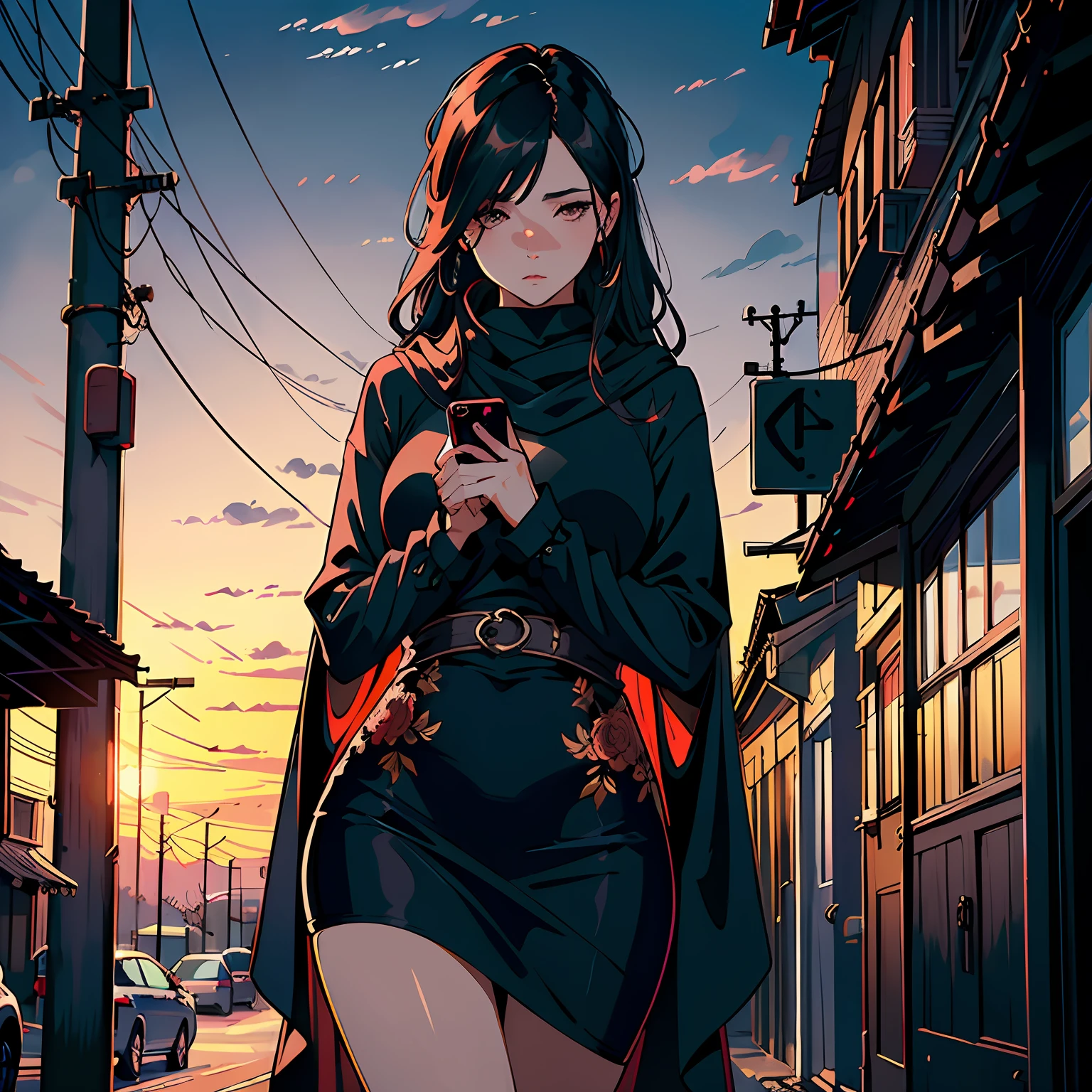 ((Masterpiece)), ((Best Quality))), ((Ultra Detailed)), ((Illustration)), Upper Body Perspective, A Mature Girl. Long black shawl hair, on the street in the evening, sunset, phone calls, sad expression