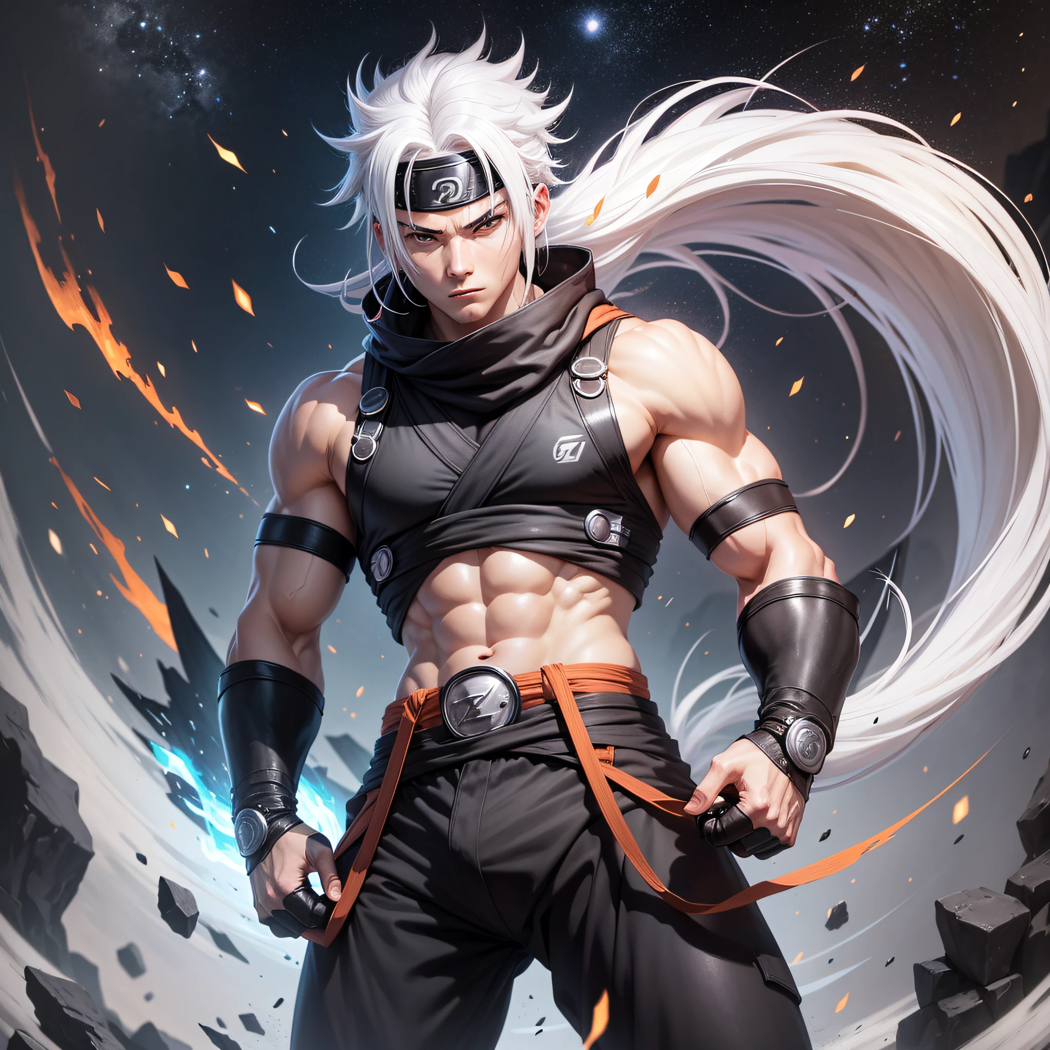 Create a ninja in the universe of naruto, with white hair, strong physique and facing the whole body on display --auto --s2