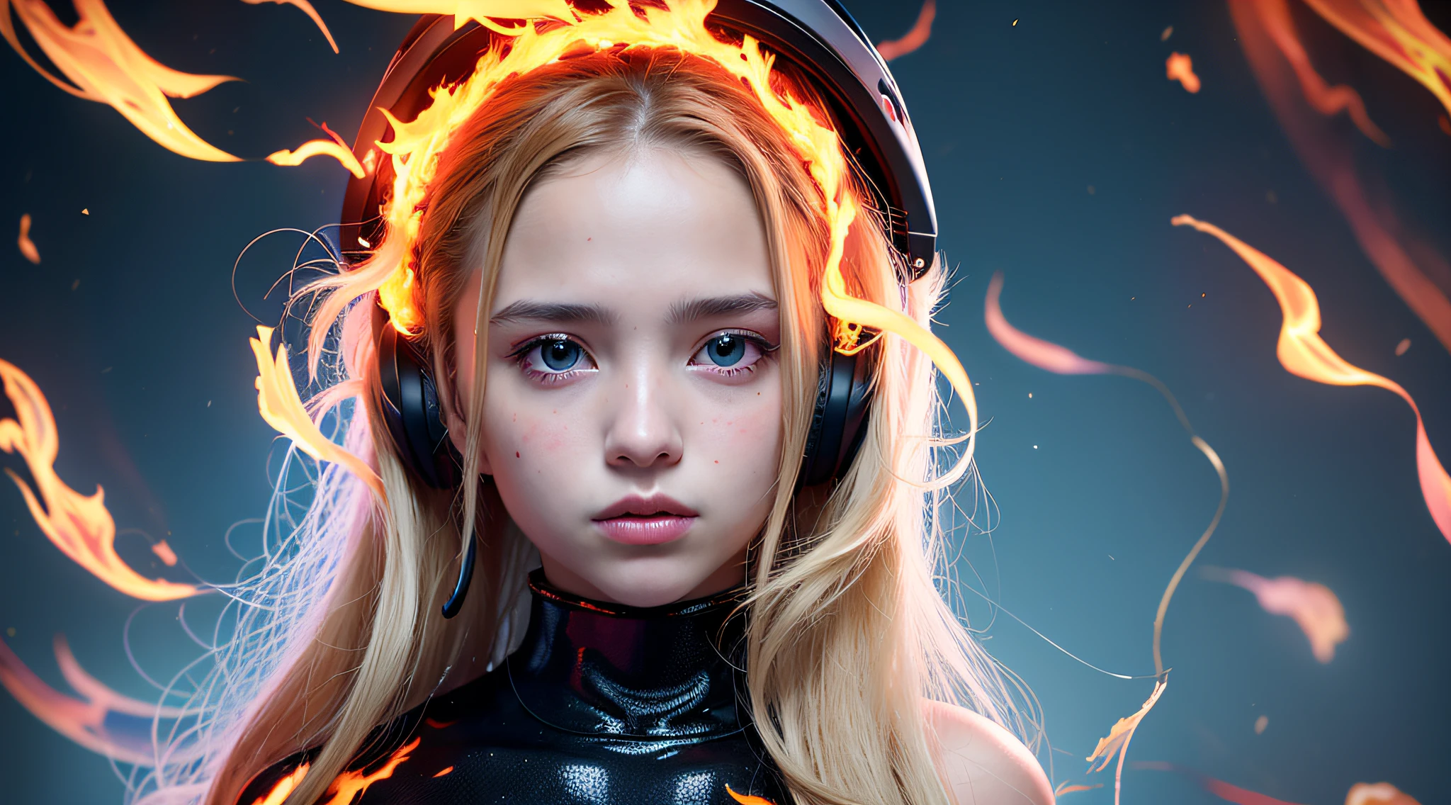 there is a 14 YEAR OLD GIRL in black top and headphones, LONG BLONDE HAIR, PORTRAIT STYLE, CLOSE UP, portrait photo, background art, wearing tumultuous flames, flames surround her, her body made of flames, on fire, on fire, goddess of hot fire, girl wearing headphones, burning in hell, flames around her body, Her hair is on fire, intense steaming, burning atmosphere, engulfed in swirling flames